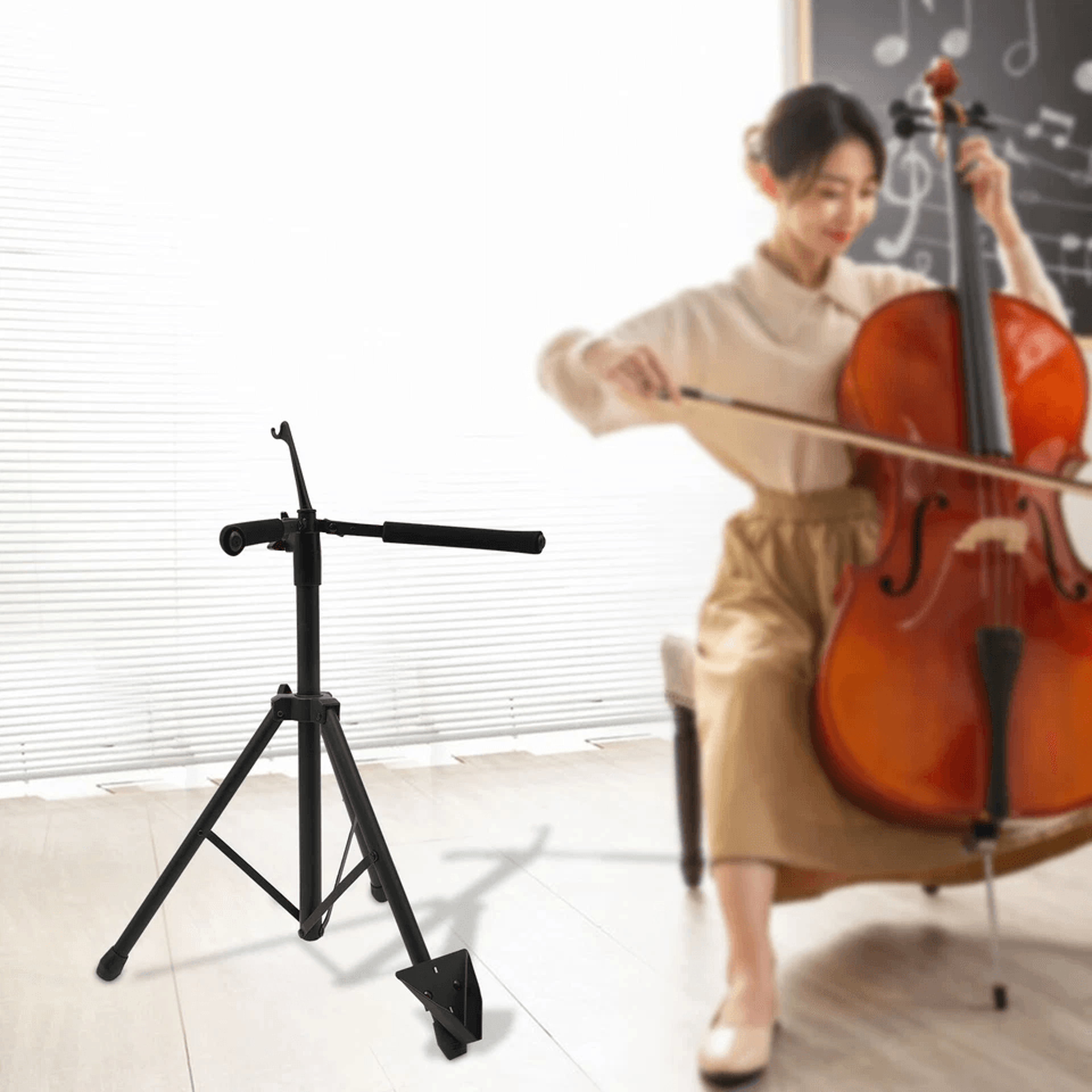 professional adjustable cello stand with bow hook foldable, portable support for all cello sizes