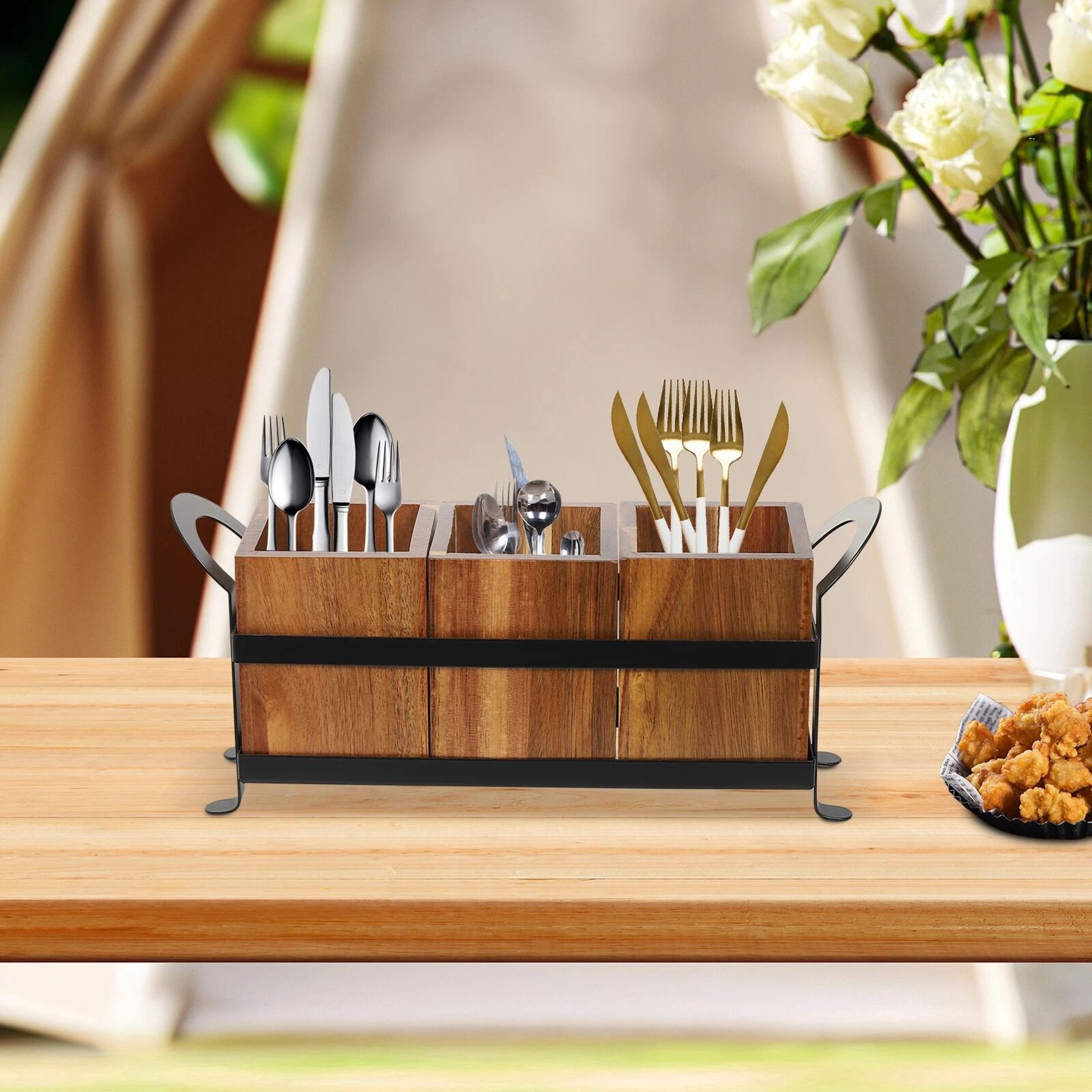 rustic wooden kitchen utensil & cutlery organizer holder compartment countertop storage