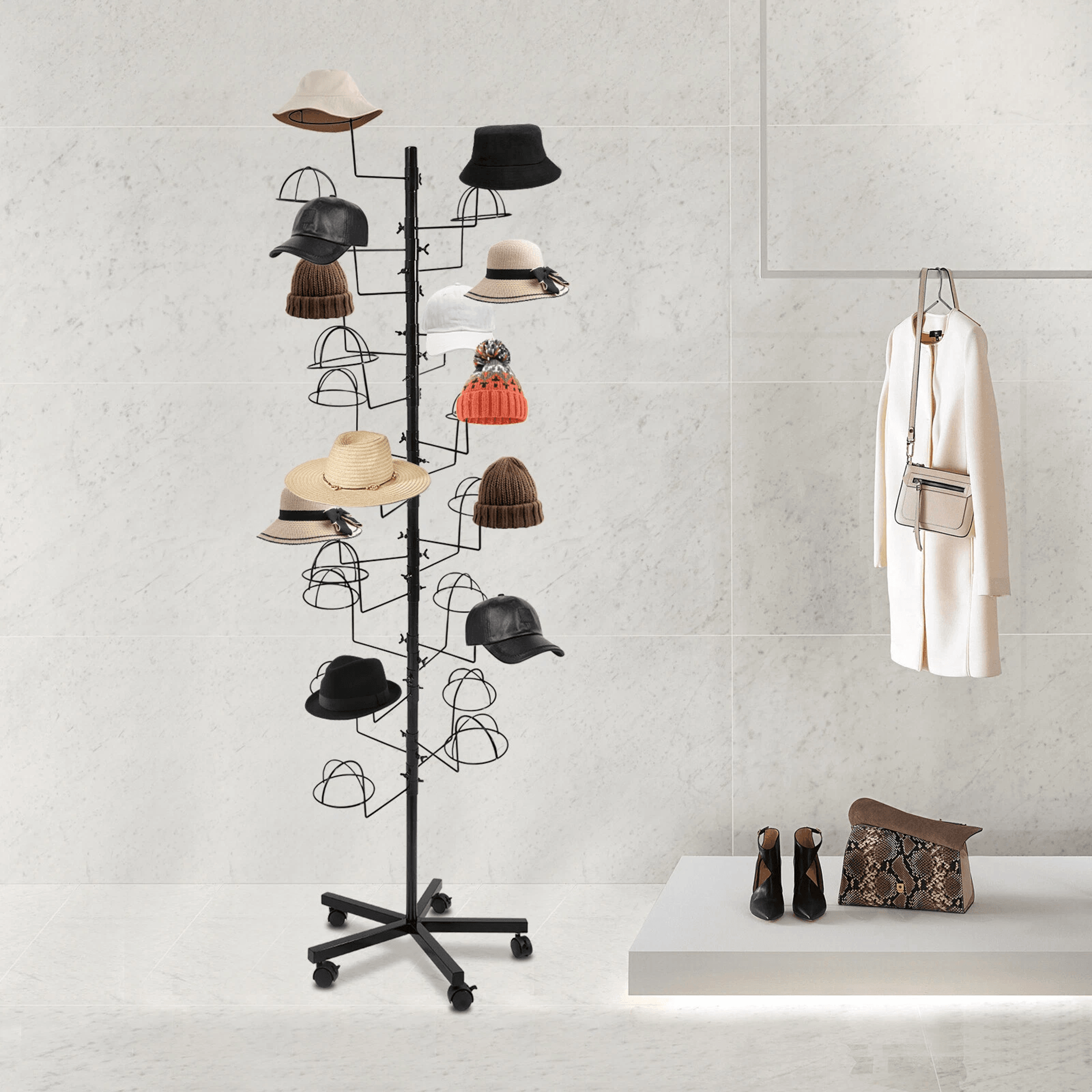 freestanding metal hat display stand with hooks durable hat rack organizer