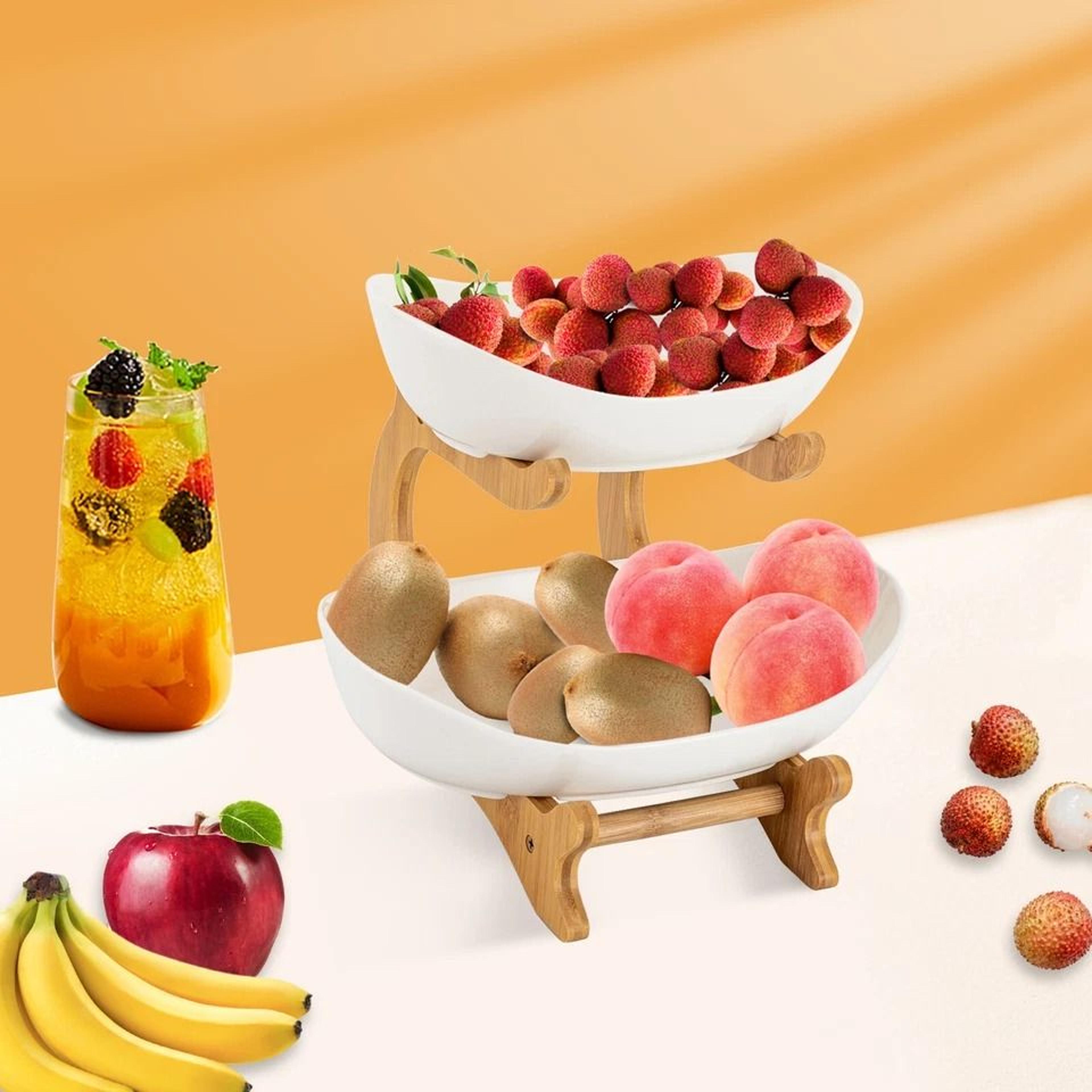 fruit basket kitchen counter organizer ceramic & bamboo tiered fruit bowl