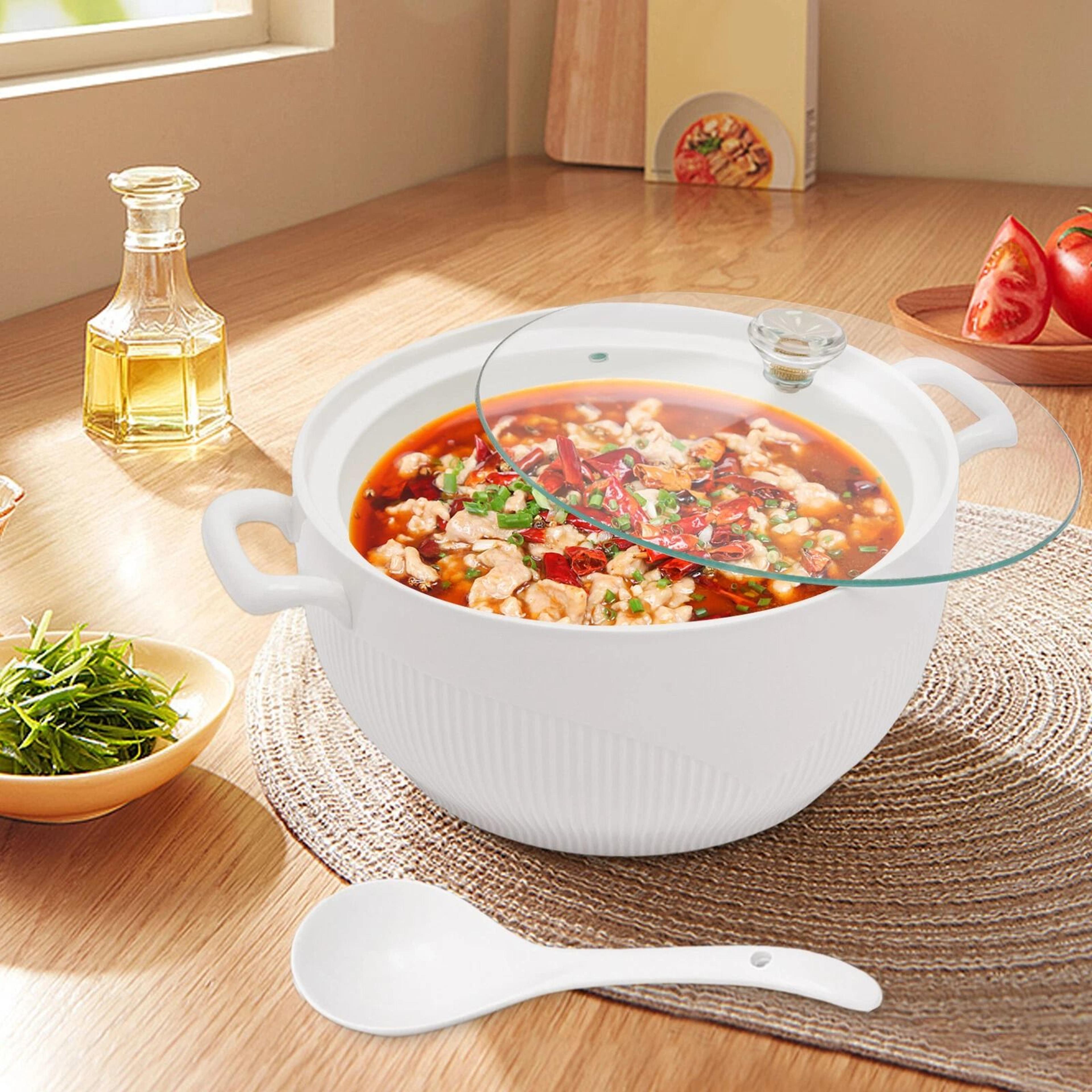 elegant white ceramic soup tureen with glass lid & ladle durable kitchen serveware