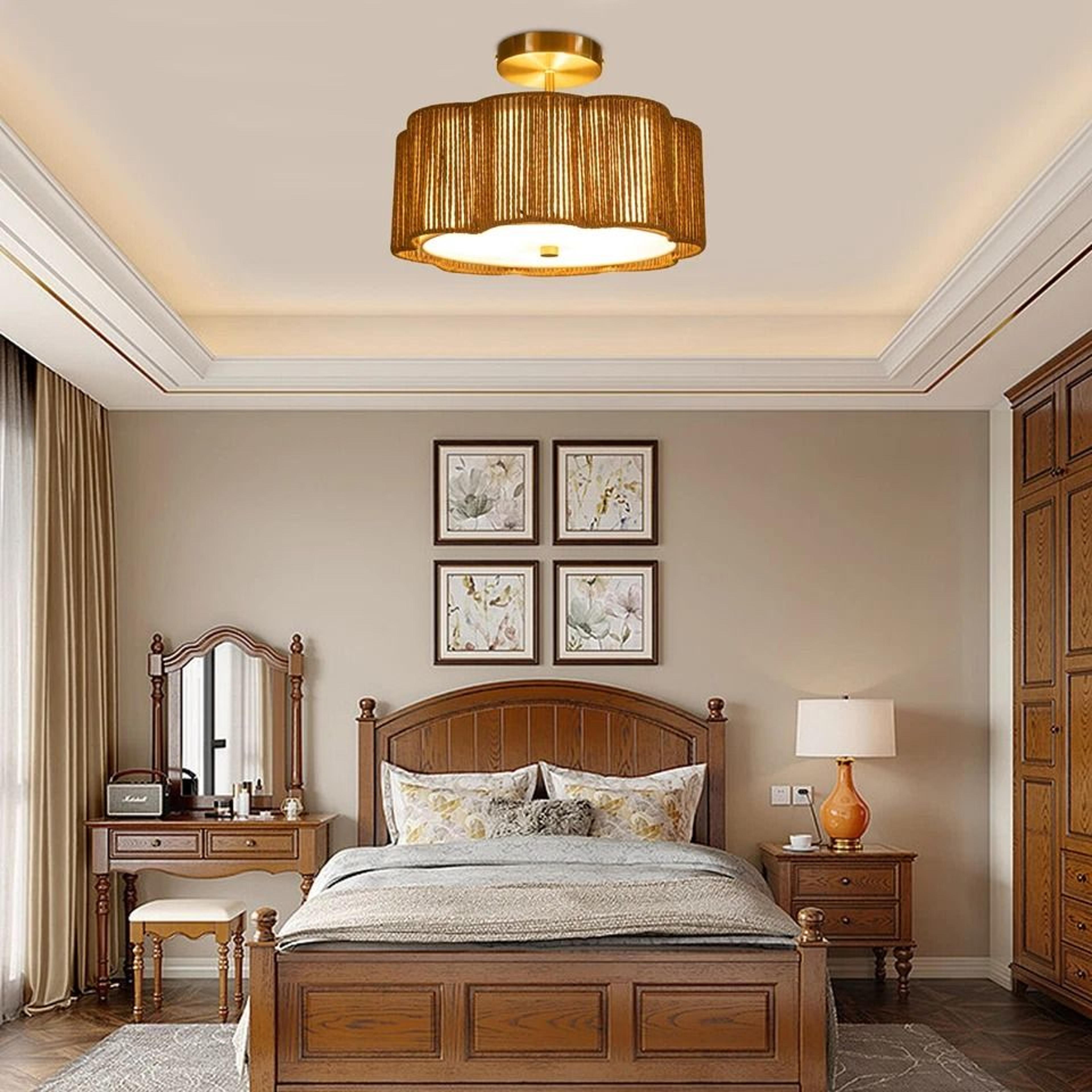 rustic rattan ceiling light fixture boho flush mount chandelier lamp