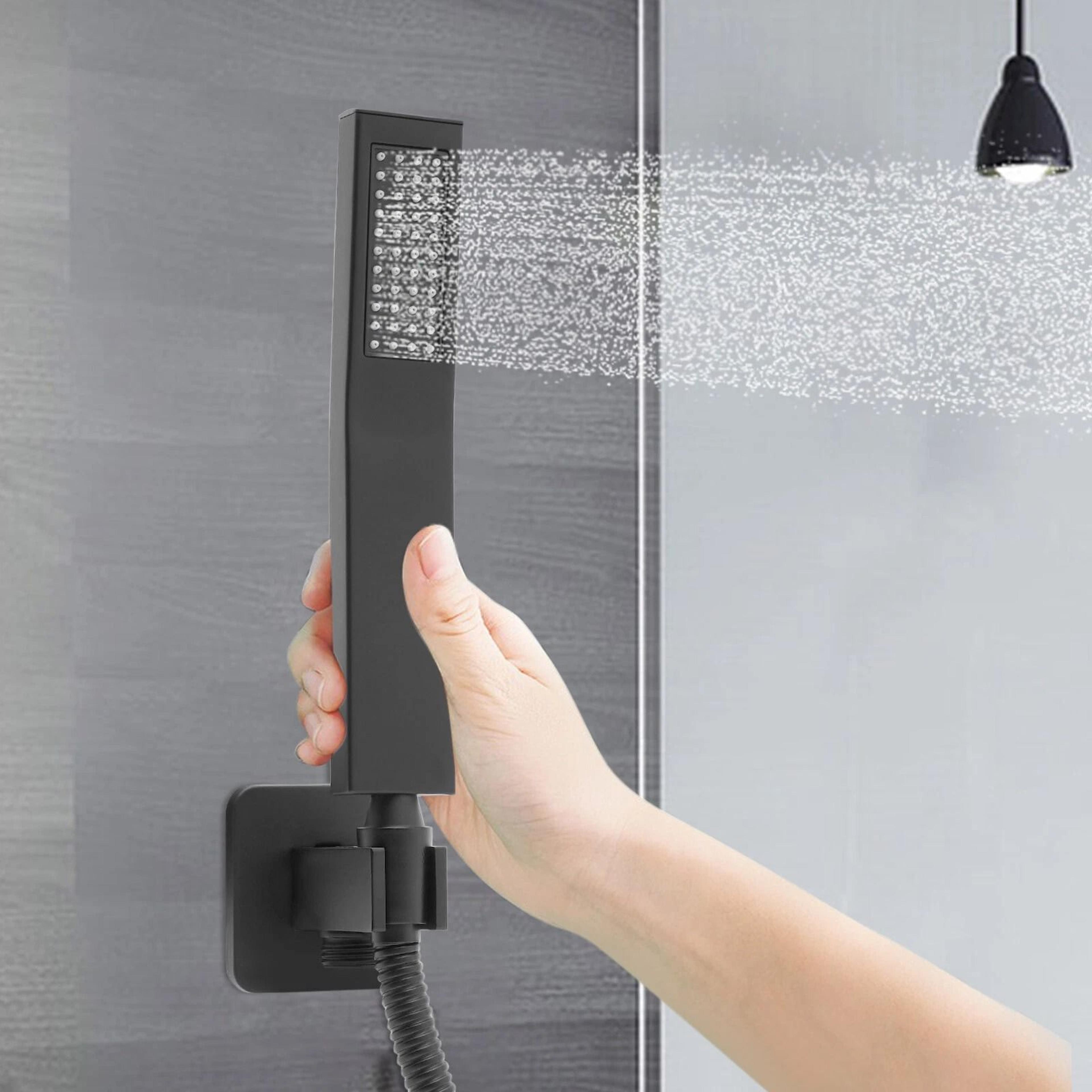 matte black handheld shower head with wall connector square design