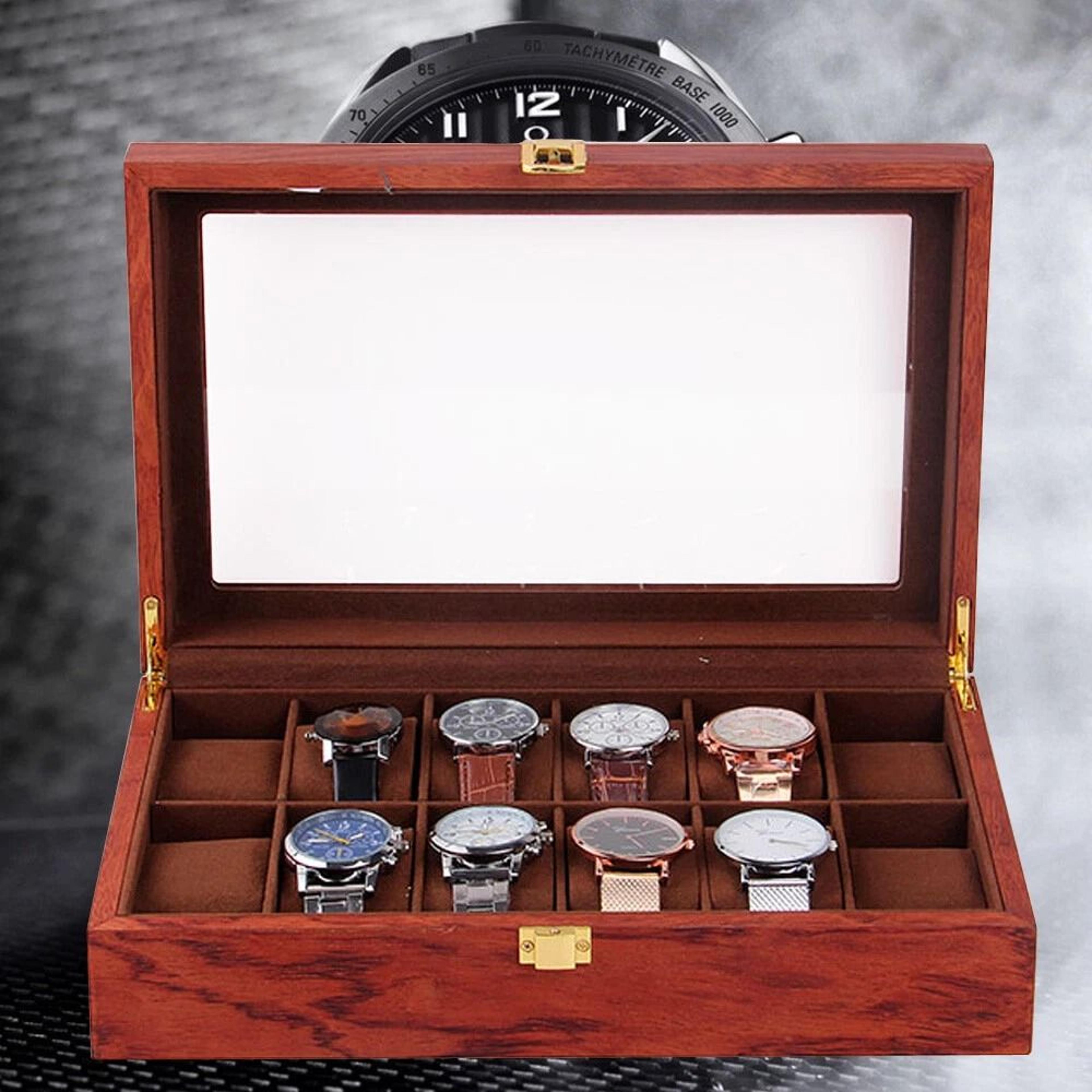 luxury slot wooden watch display box with glass top & jewelry organizer