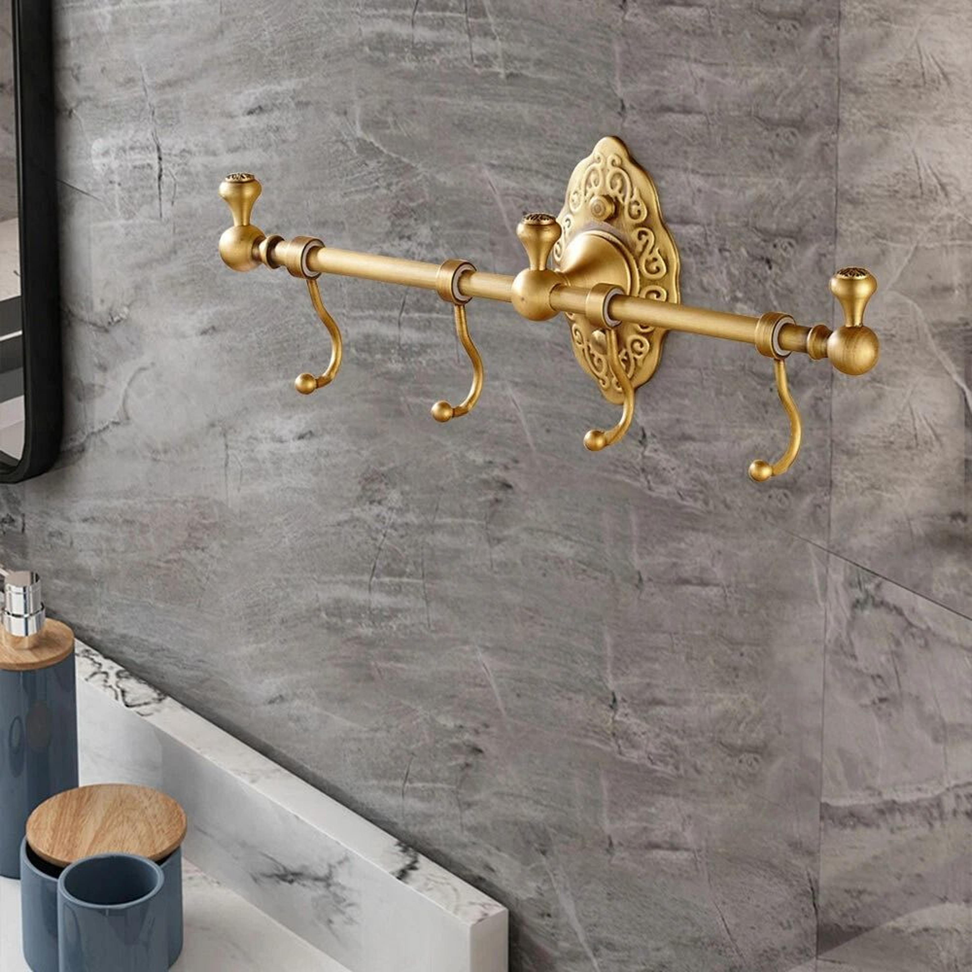 vintage brass wall mounted towel shelf & towel bar rack with hooks