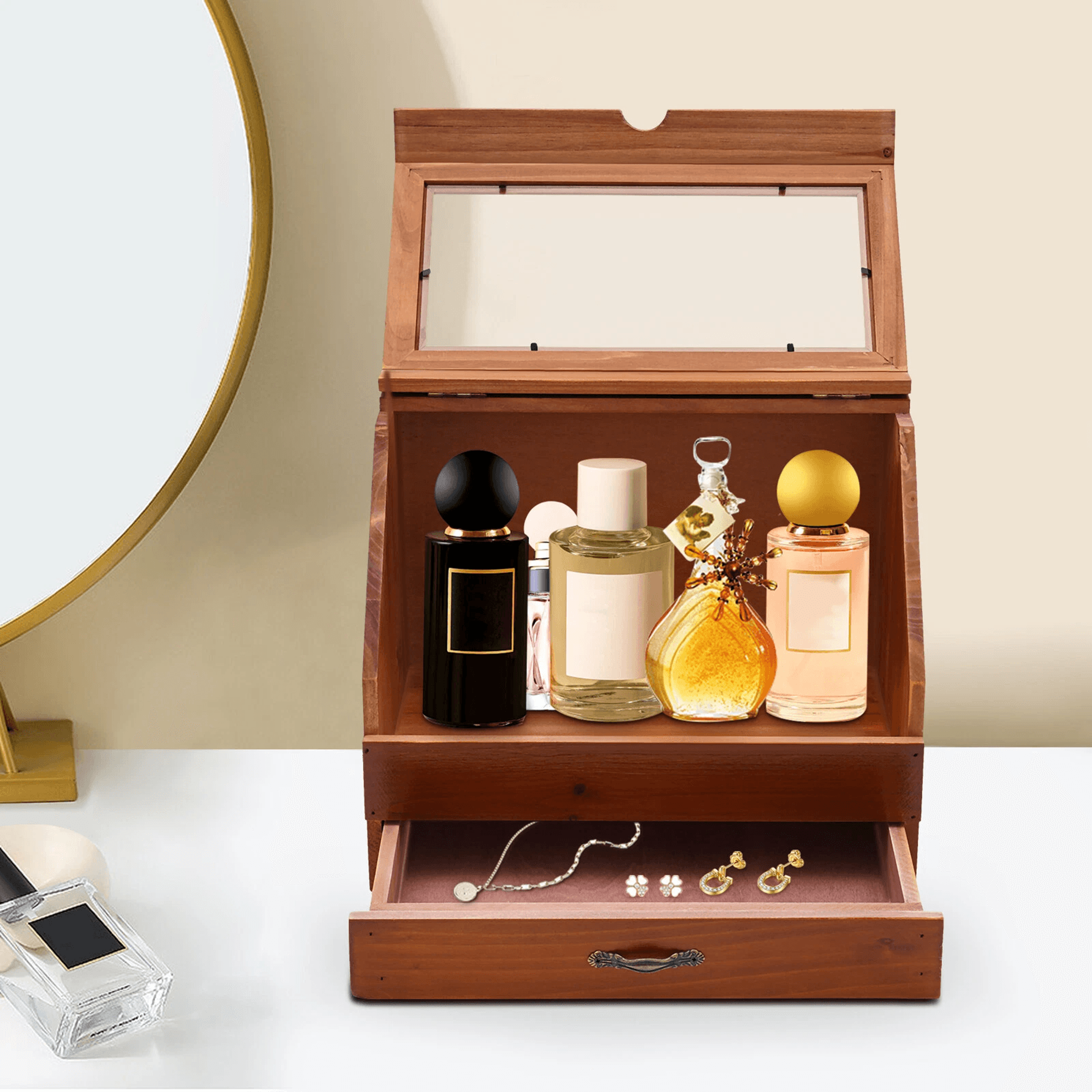 premium wooden perfume & jewelry organizer display stand with drawer elegant vanity storage solution