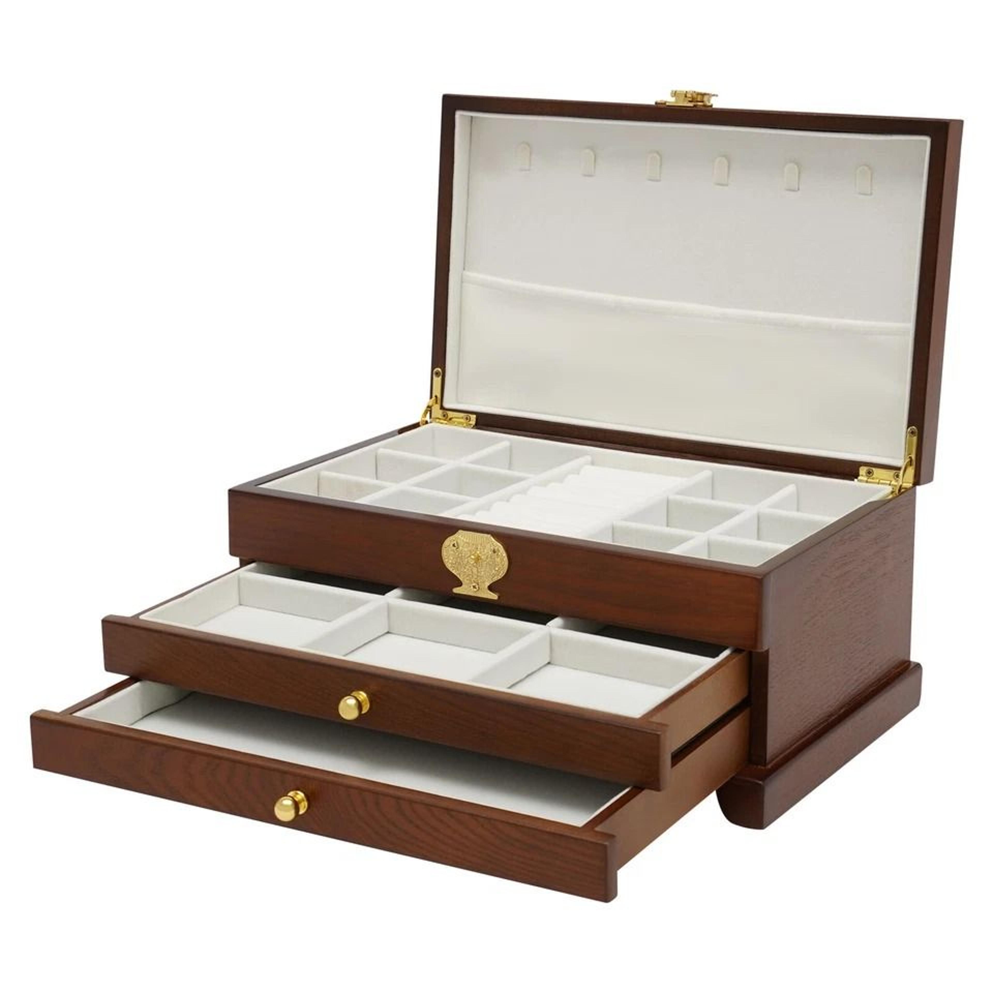 elegant tier wooden jewelry box organizer with pull out drawers & plush lining