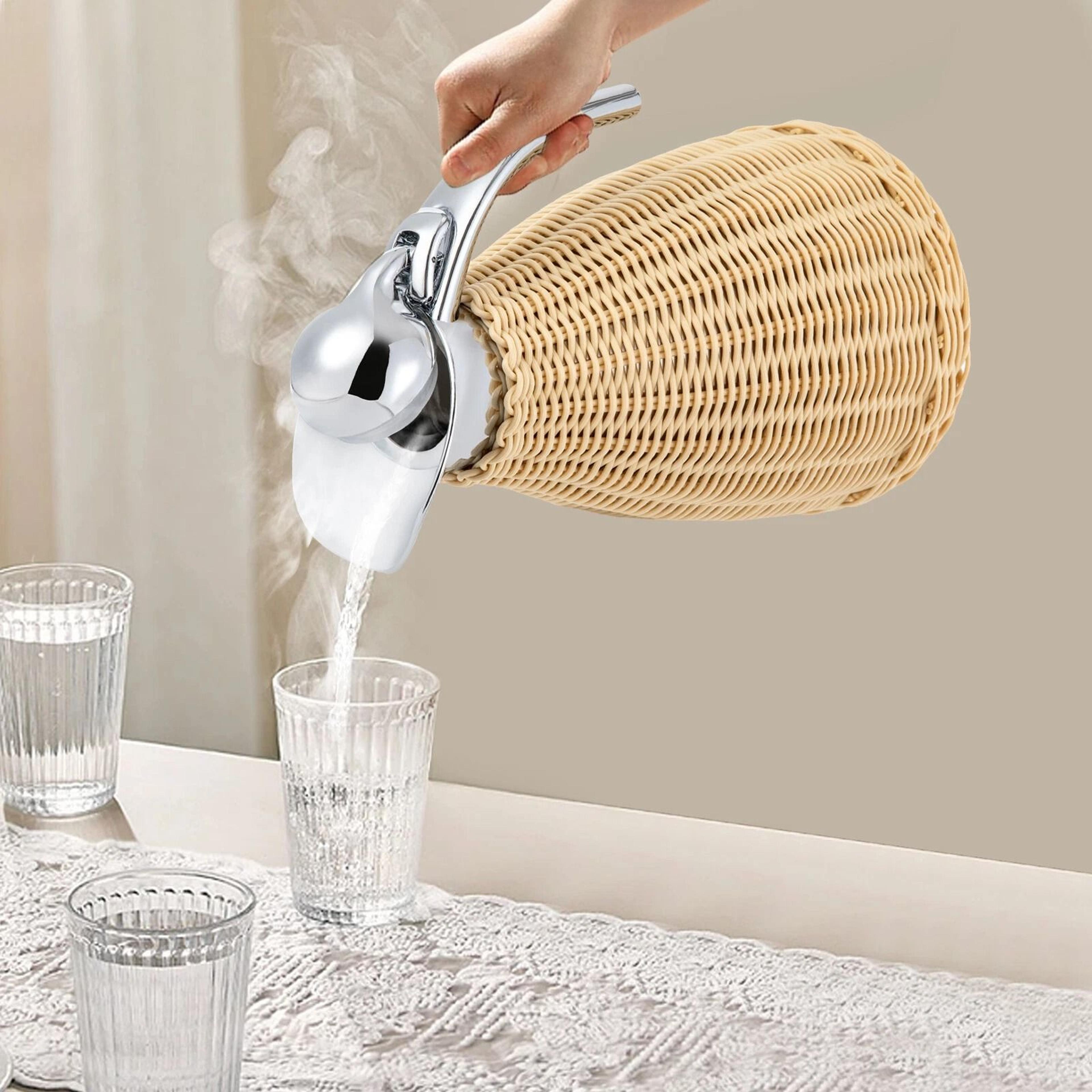 premium natural rattan vacuum insulated thermal jug keeps drinks hot & cold, doublewall stainless steel