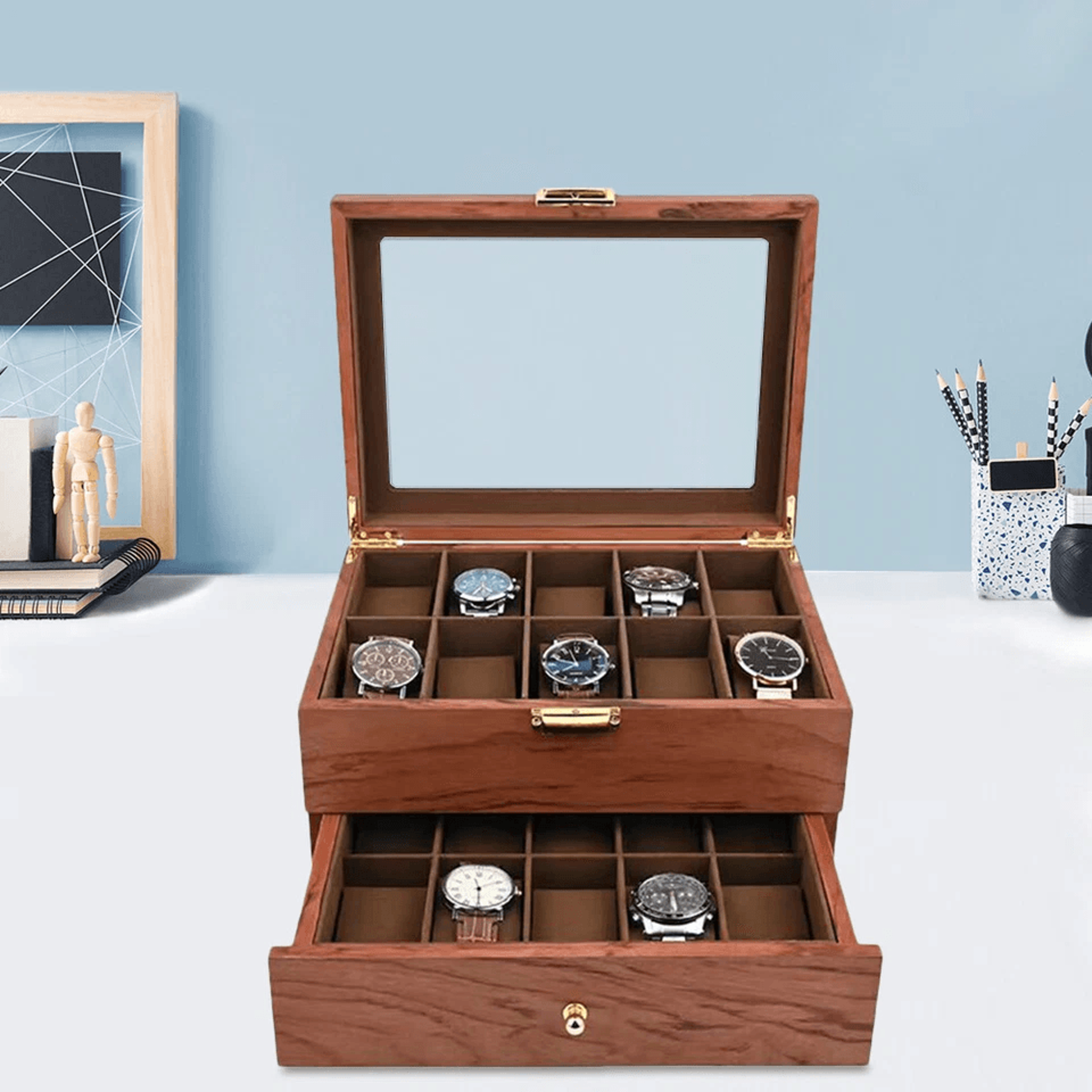 premium wood watch display box with slots elegant watch storage organizer case