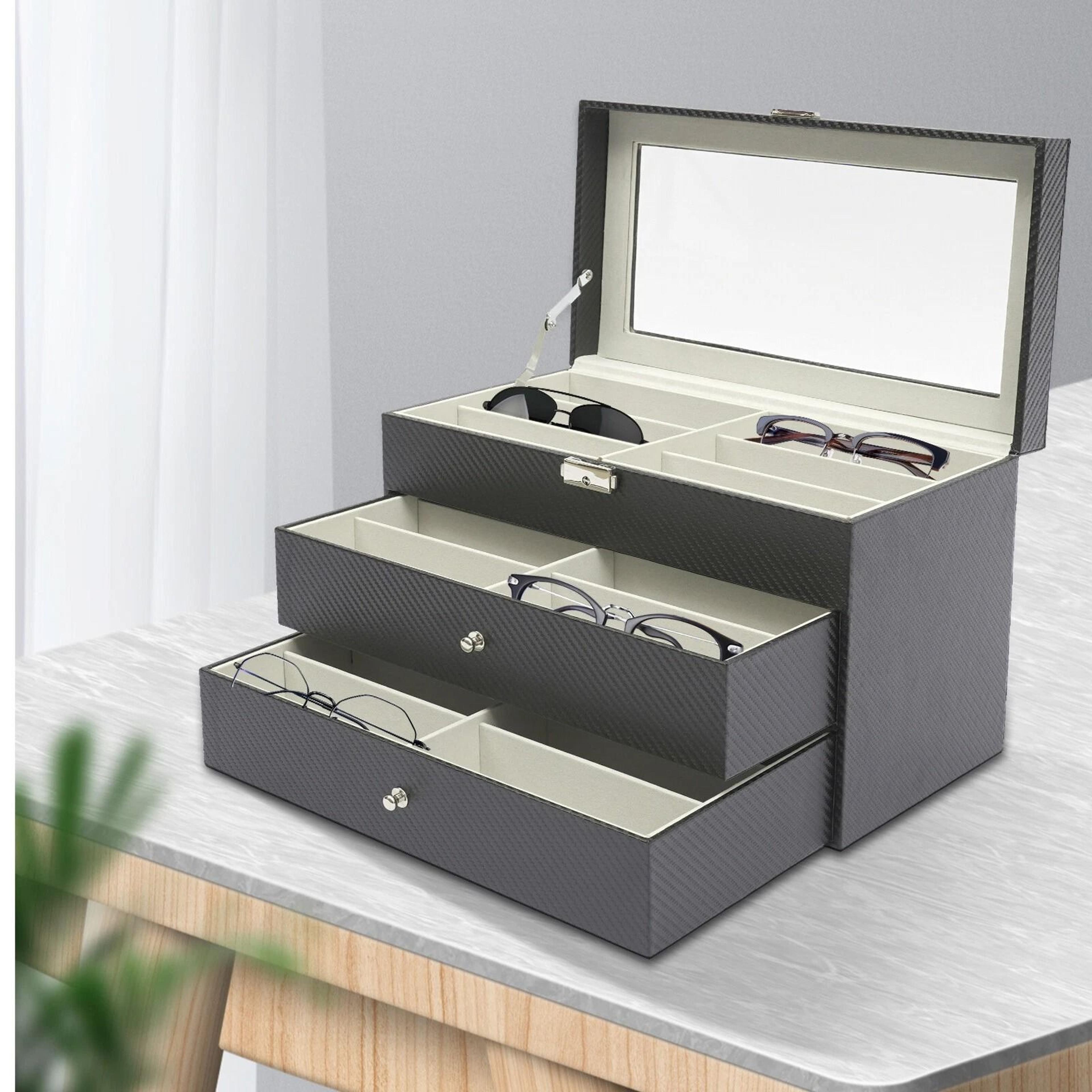 slot eyeglass organizer layer sunglasses storage box with glass display top