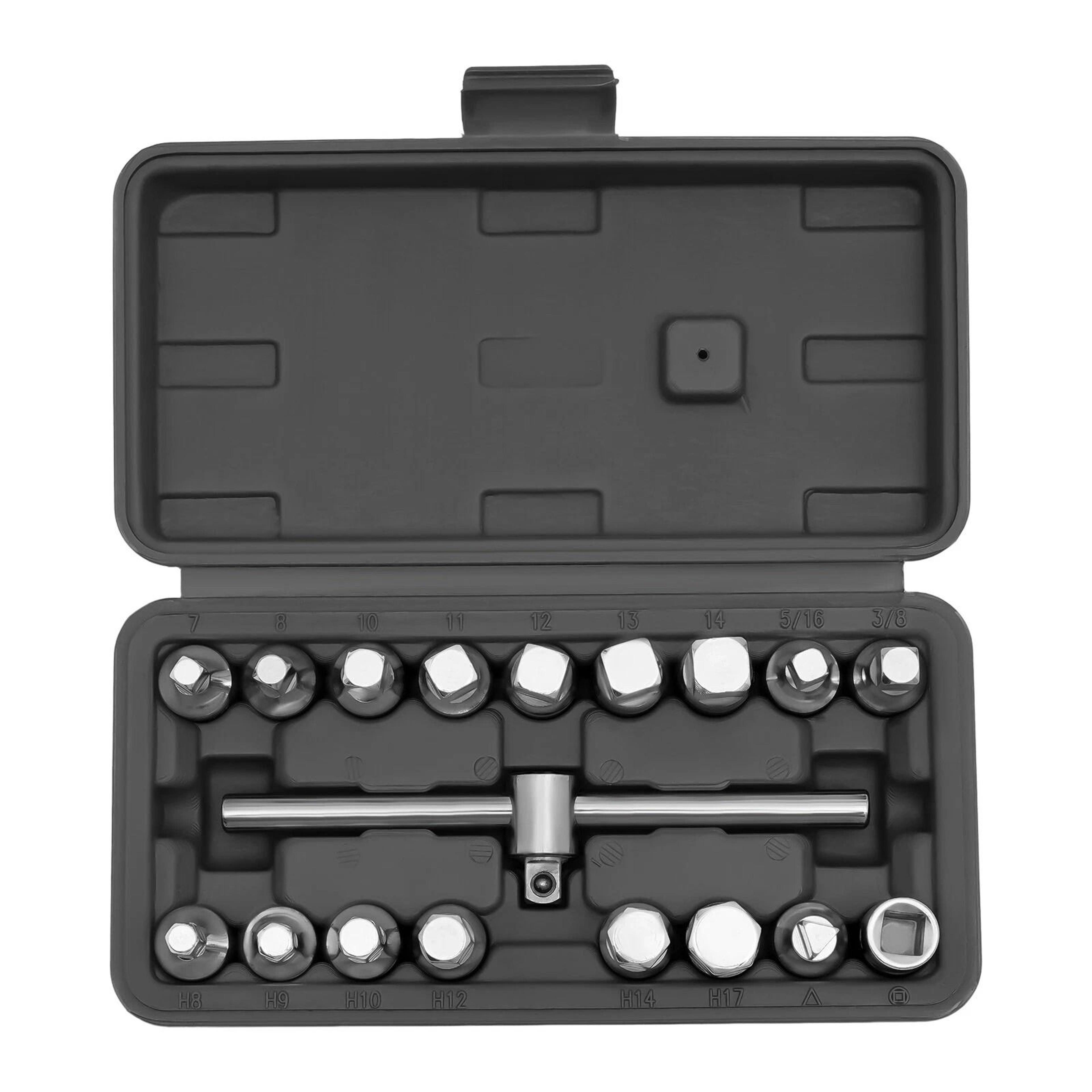 oil drain plug socket set with drive t bar for gearbox and axle service
