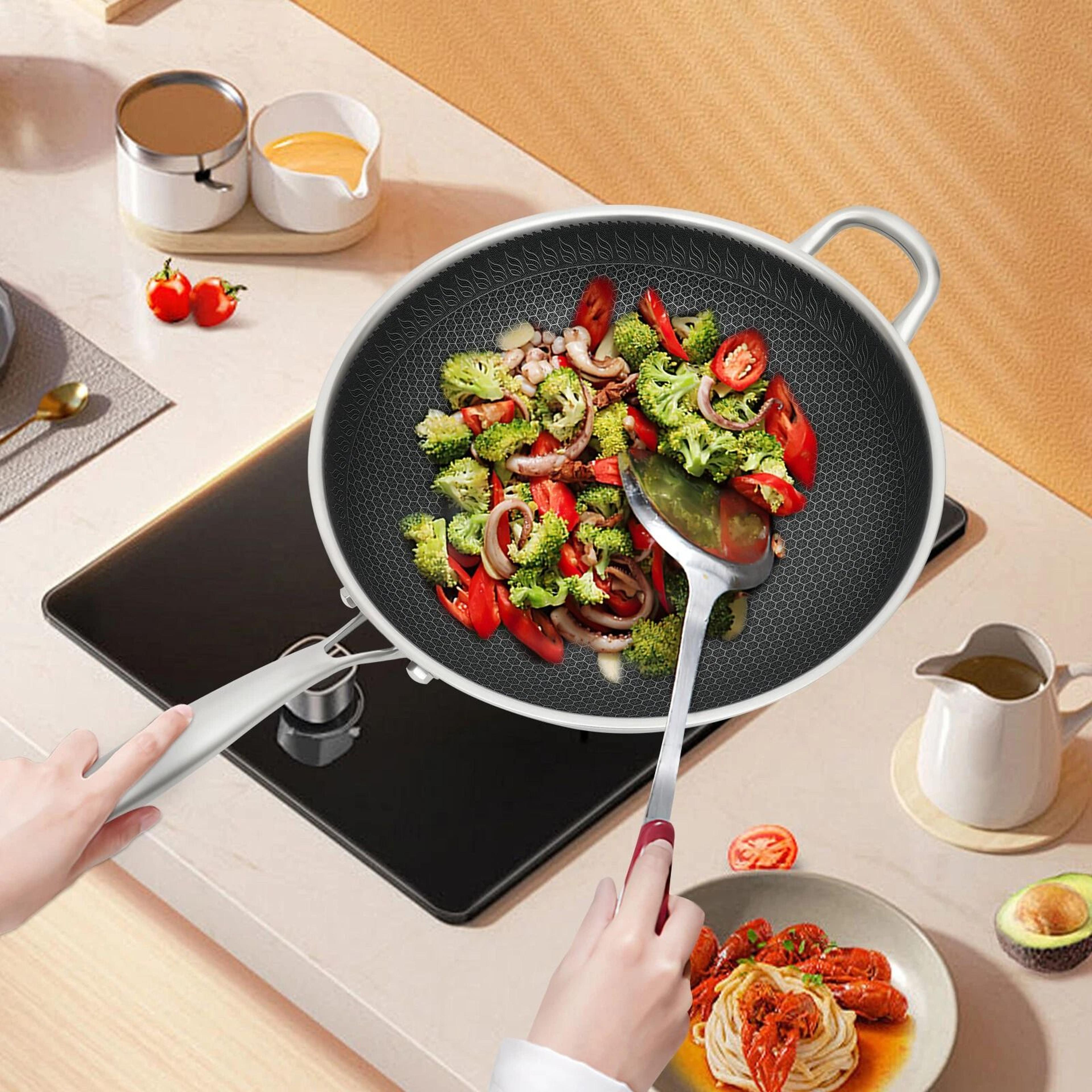 non stick honeycomb stainless steel wok with glass lid