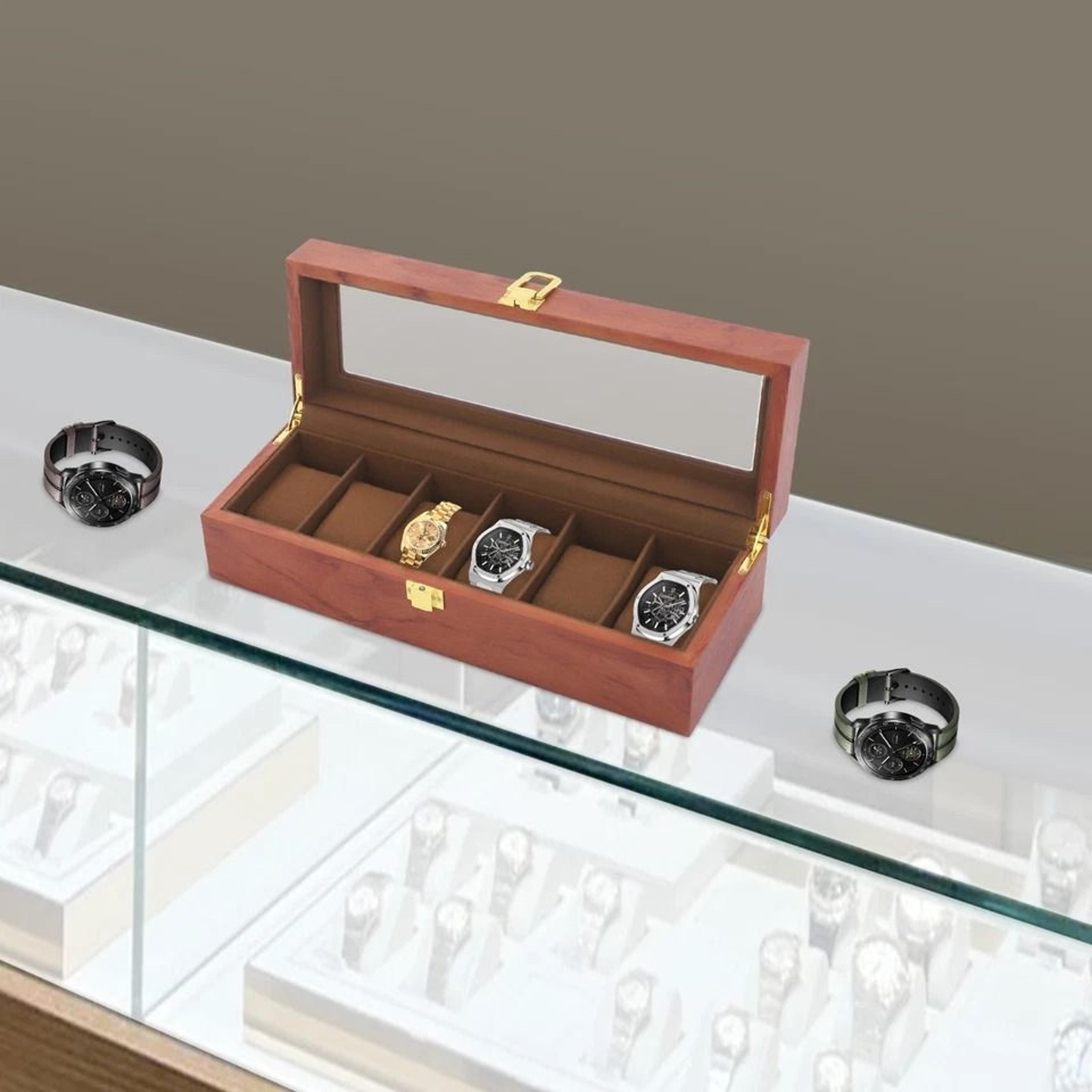 slot brown watch box with glass lid watch display case organizer