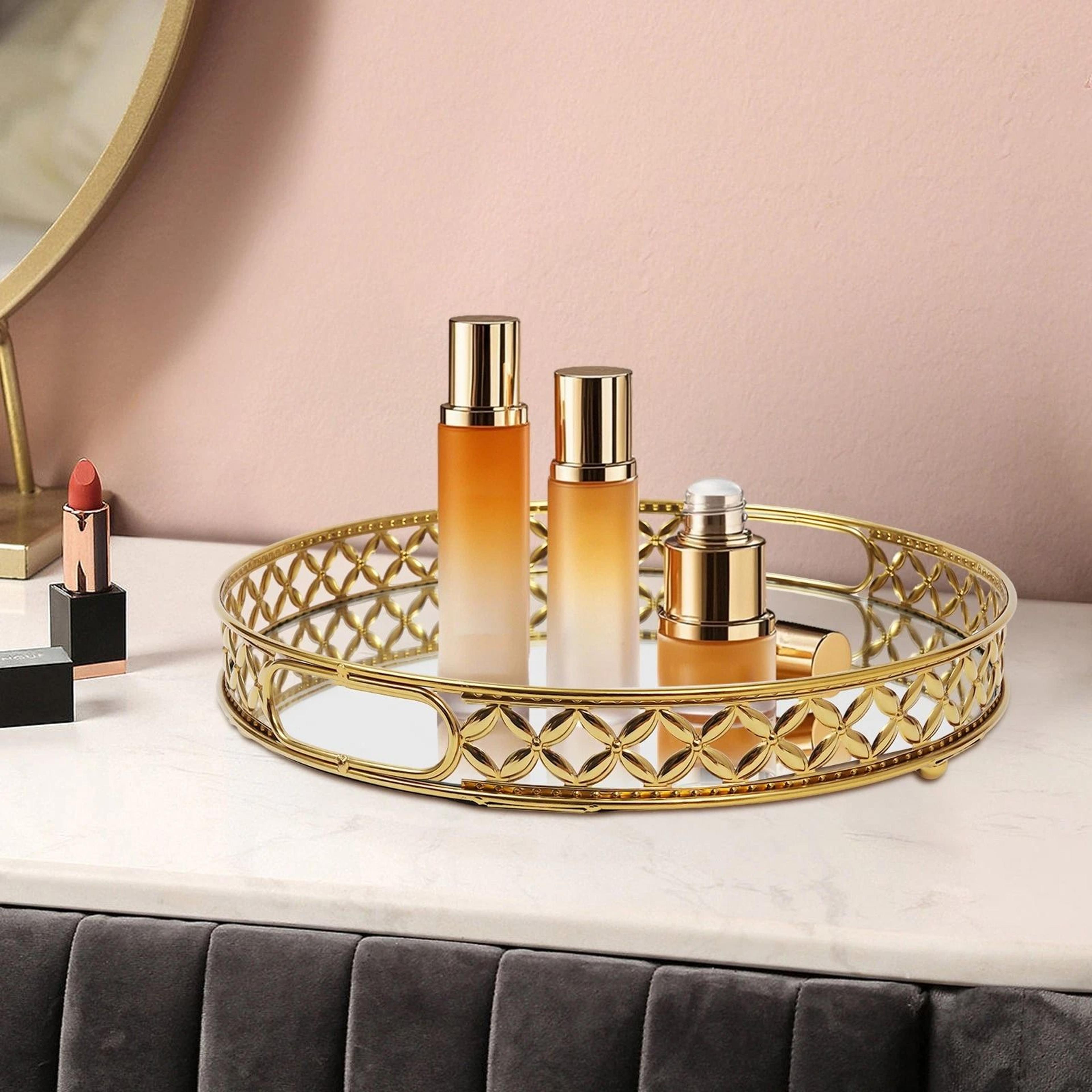 gold mirrored vanity tray with handles for bathroom counter decor