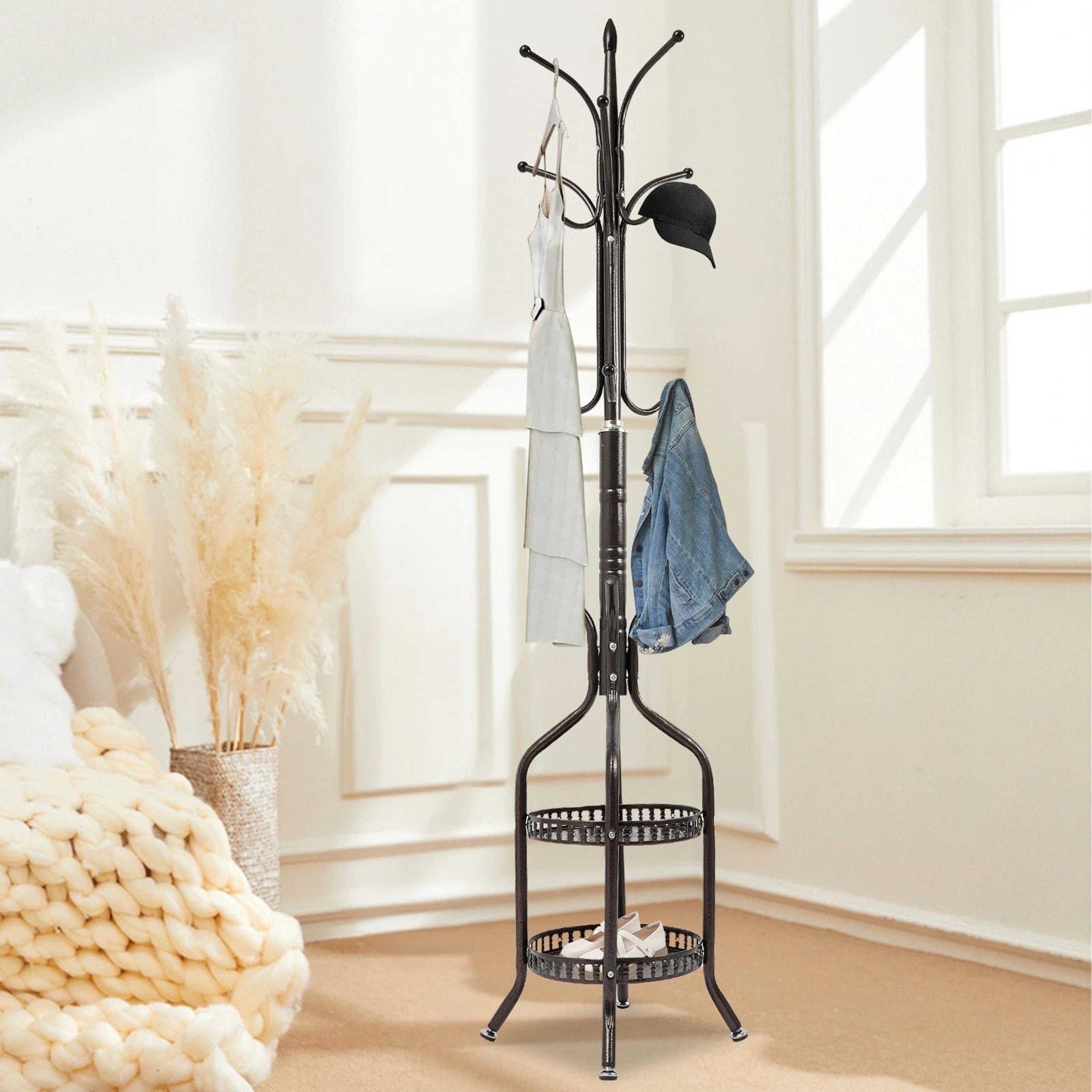 freestanding coat rack stand with hat bag hooks and space saving storage
