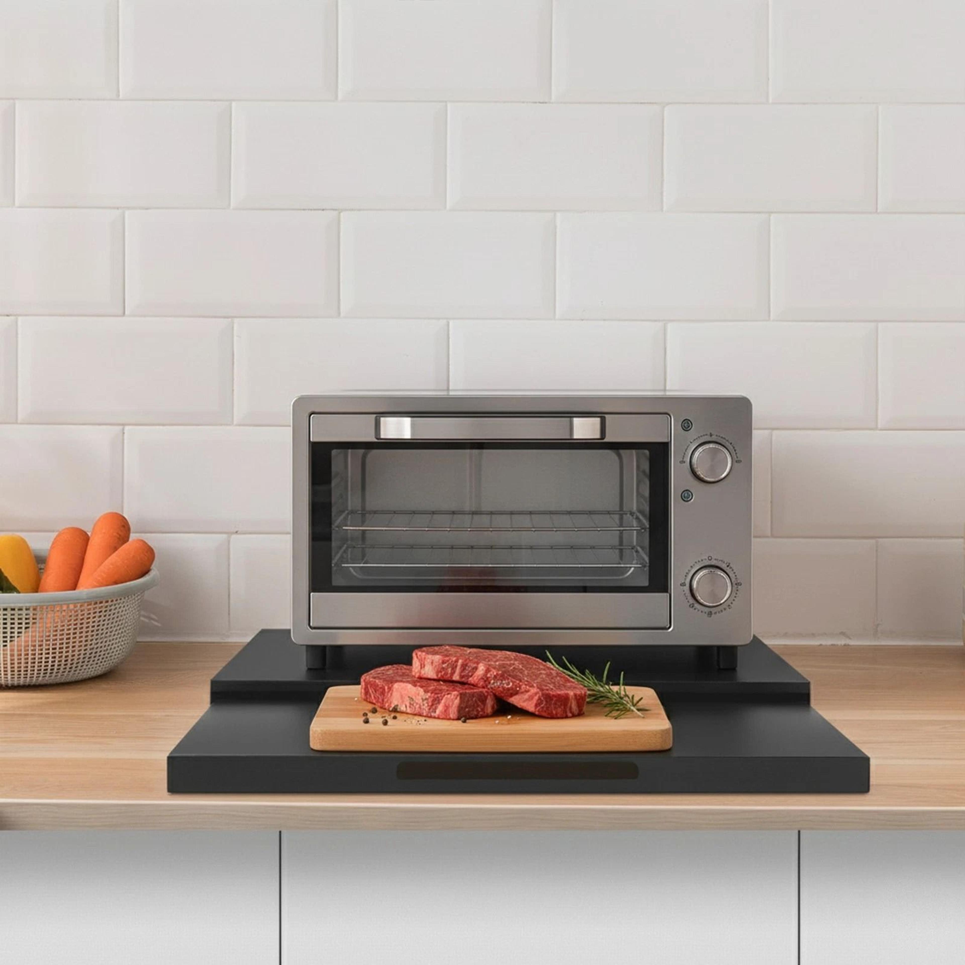 microwave stand with pull-out shelf and countertop organizer for compact kitchens