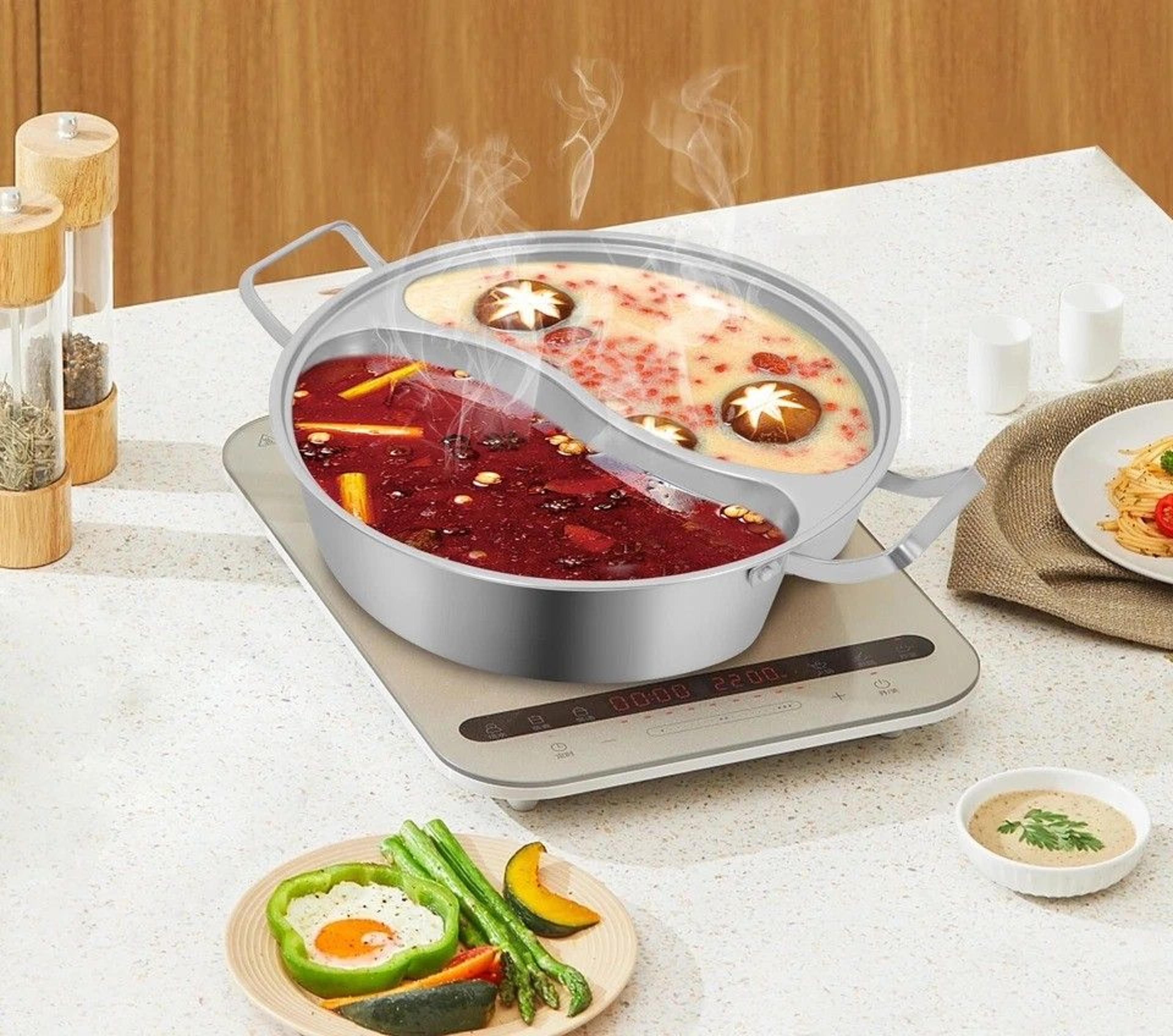 premium stainless steel double flavor hot pot with divider & clear lid, family cooker