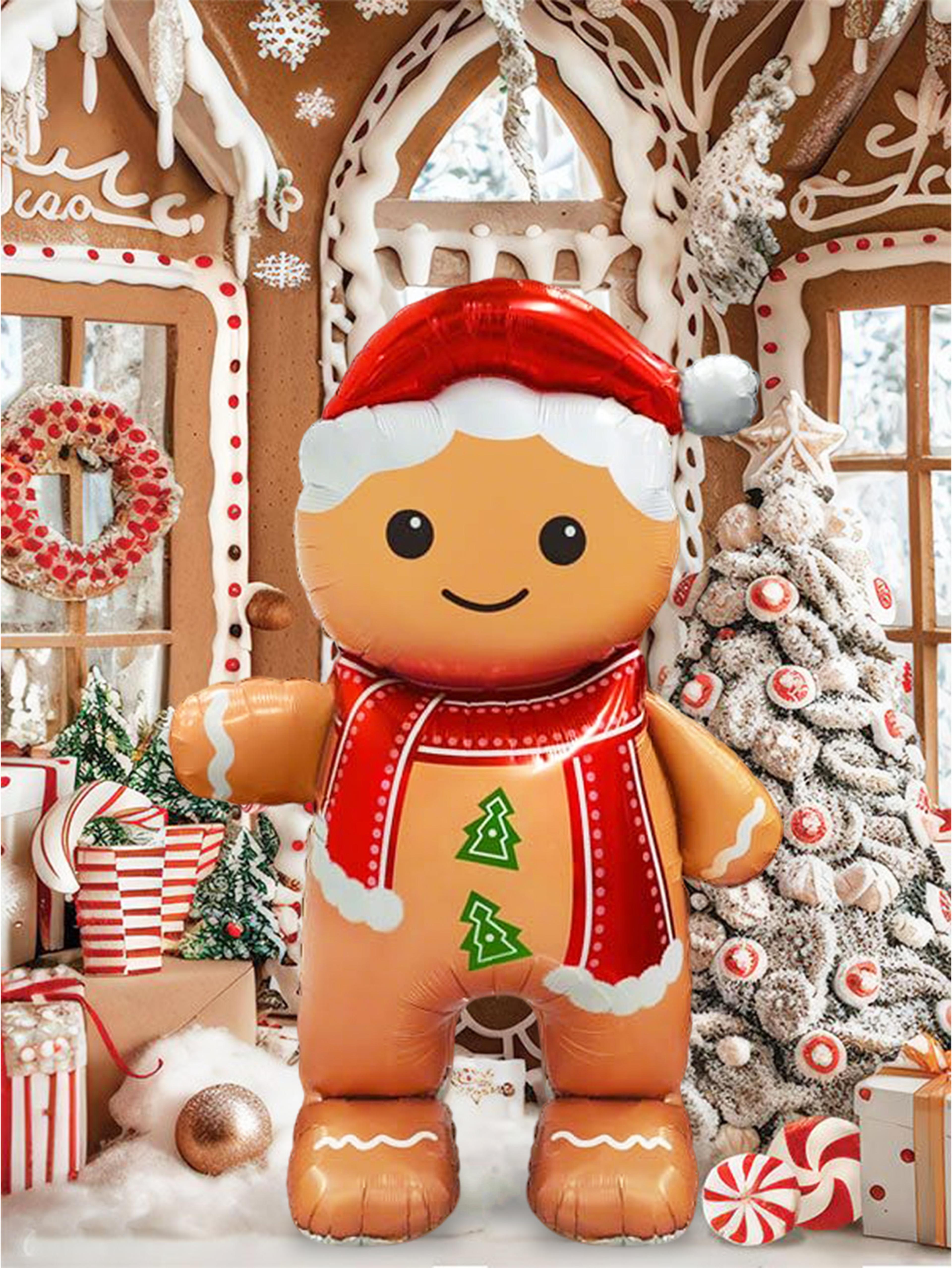 standing smiling gingerbread man aluminum foil balloon, christmas party decoration, festive new year balloon display