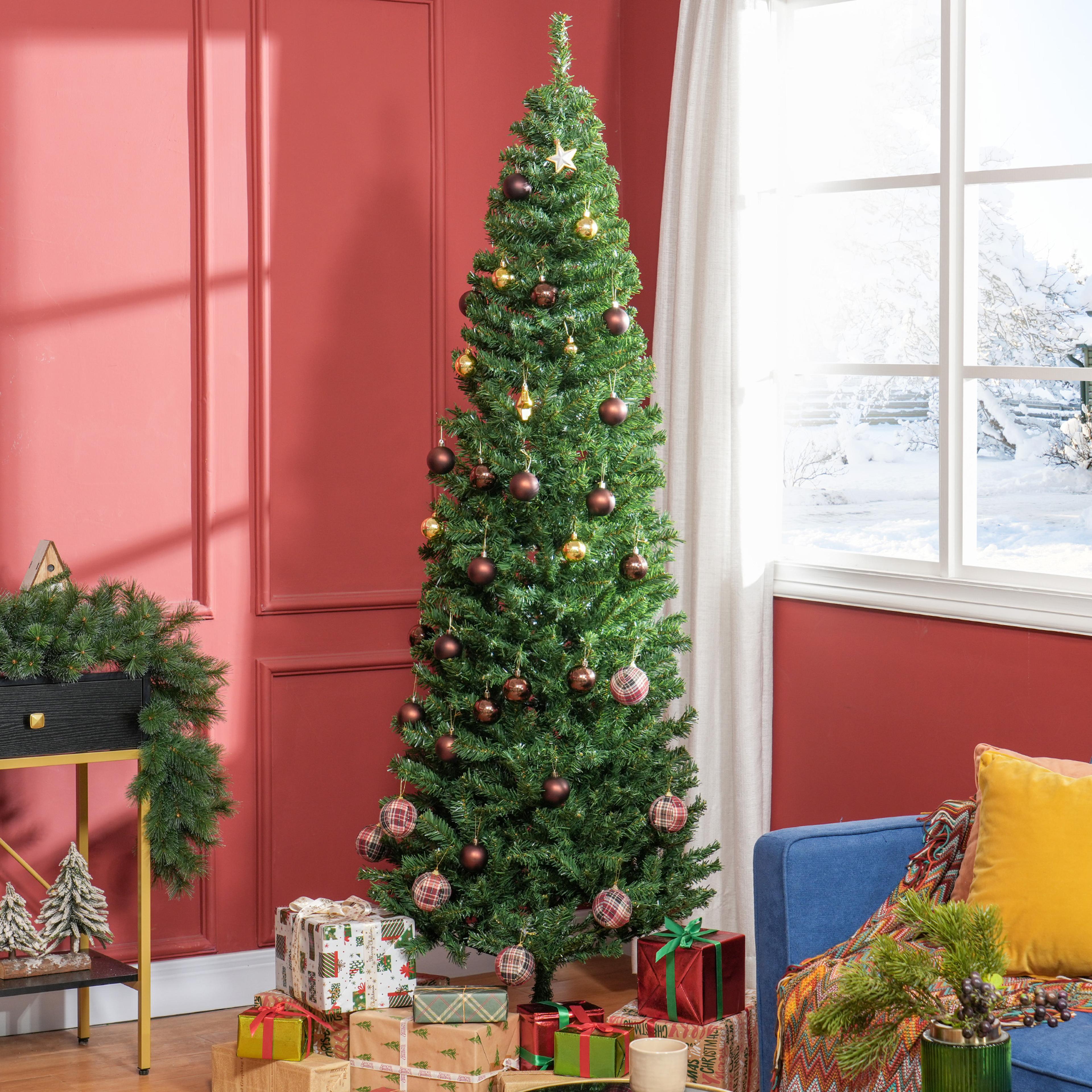 unlit pencil christmas tree, slim holiday decor, space saving artificial green tree for small rooms and festive homes