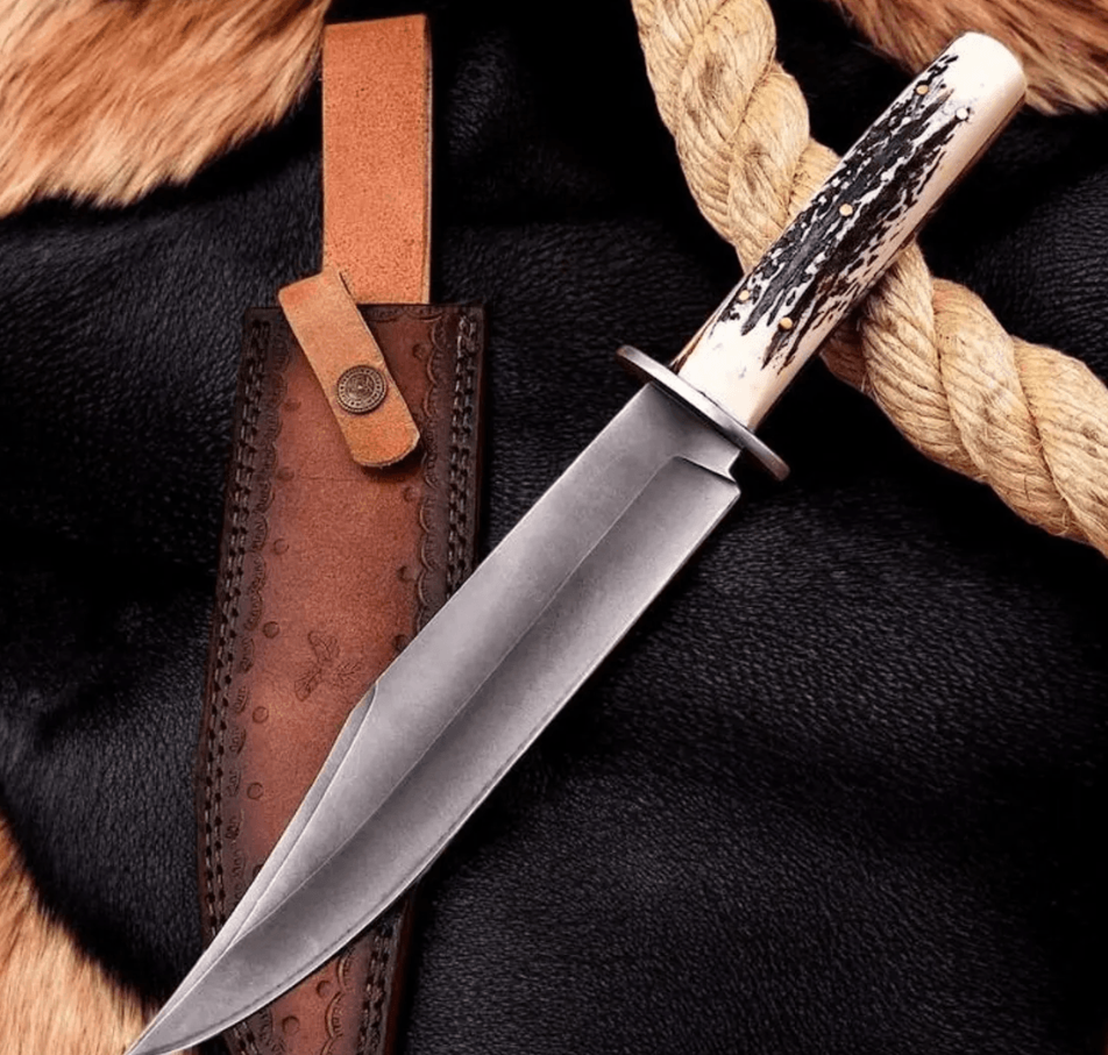 14" forged j2 steel bowie knife | stag horn handle & brass bars | full tang hunting knife with leather sheath