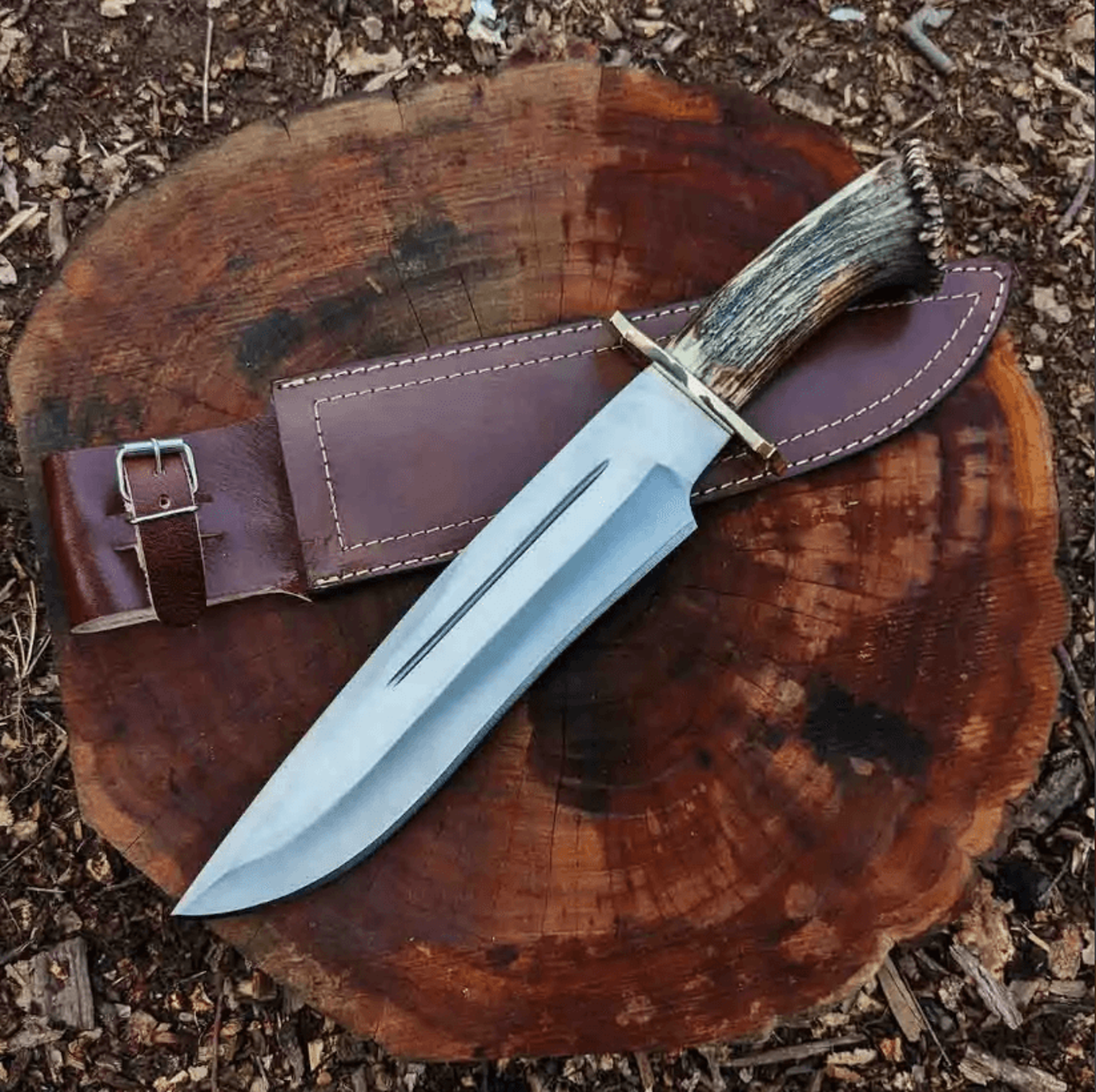 stag antler bowie knife replica | seraphim falls inspired | hand-forged d2 steel blade with leather sheath