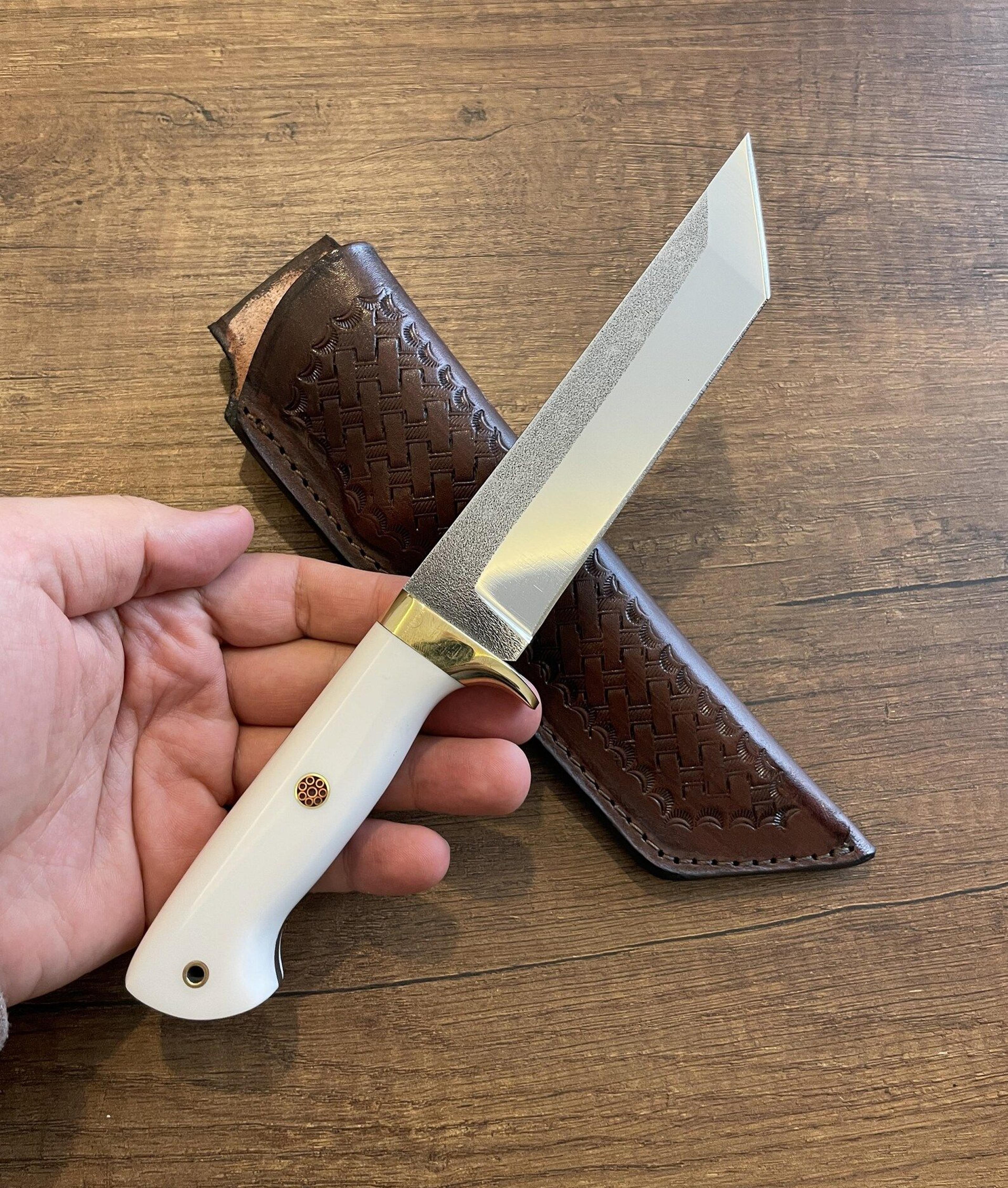 survival hunting knife with white corian handle & leather sheath