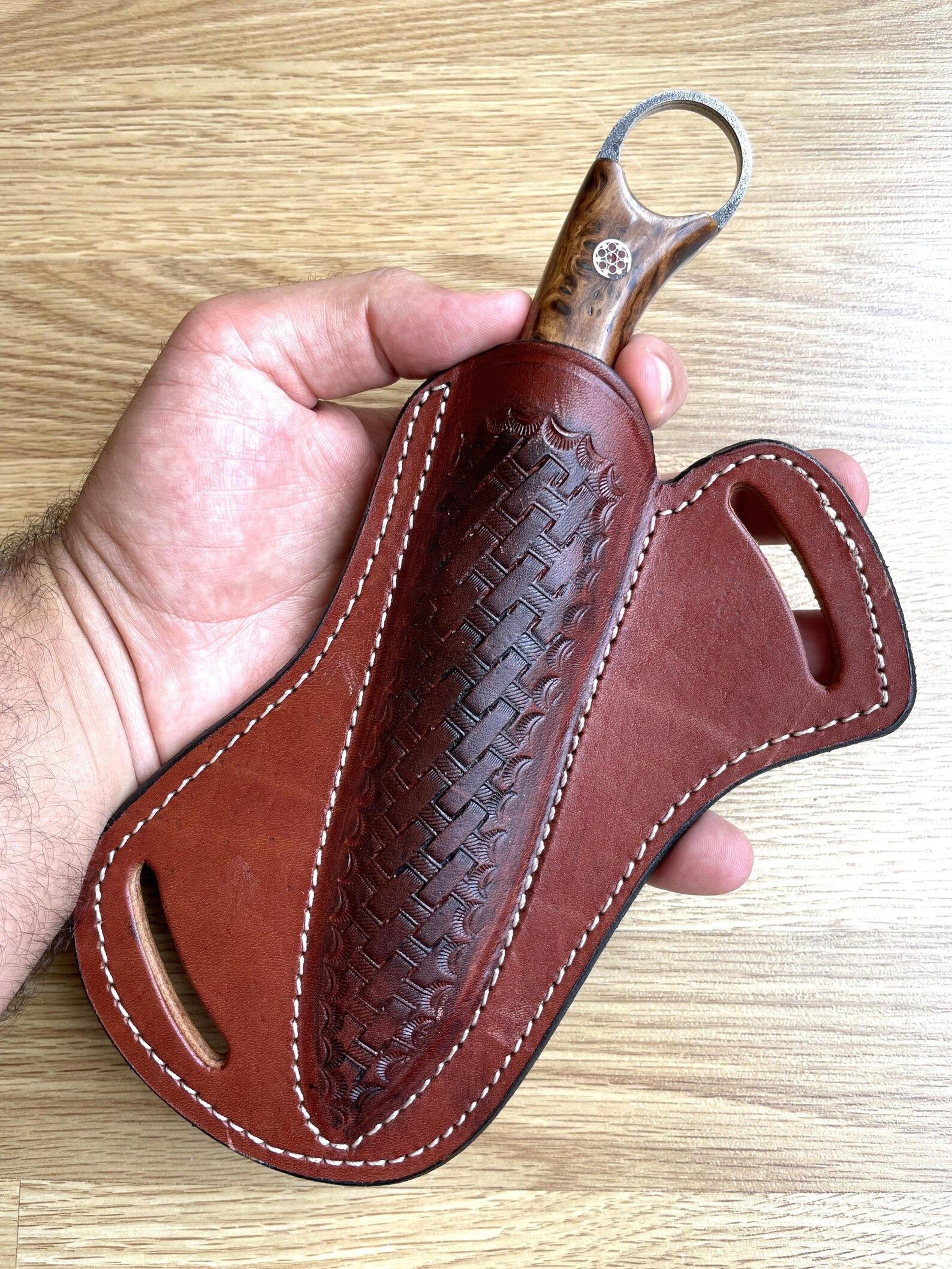 camping hunting knife with glossy chestnut wood grip & leather sheath