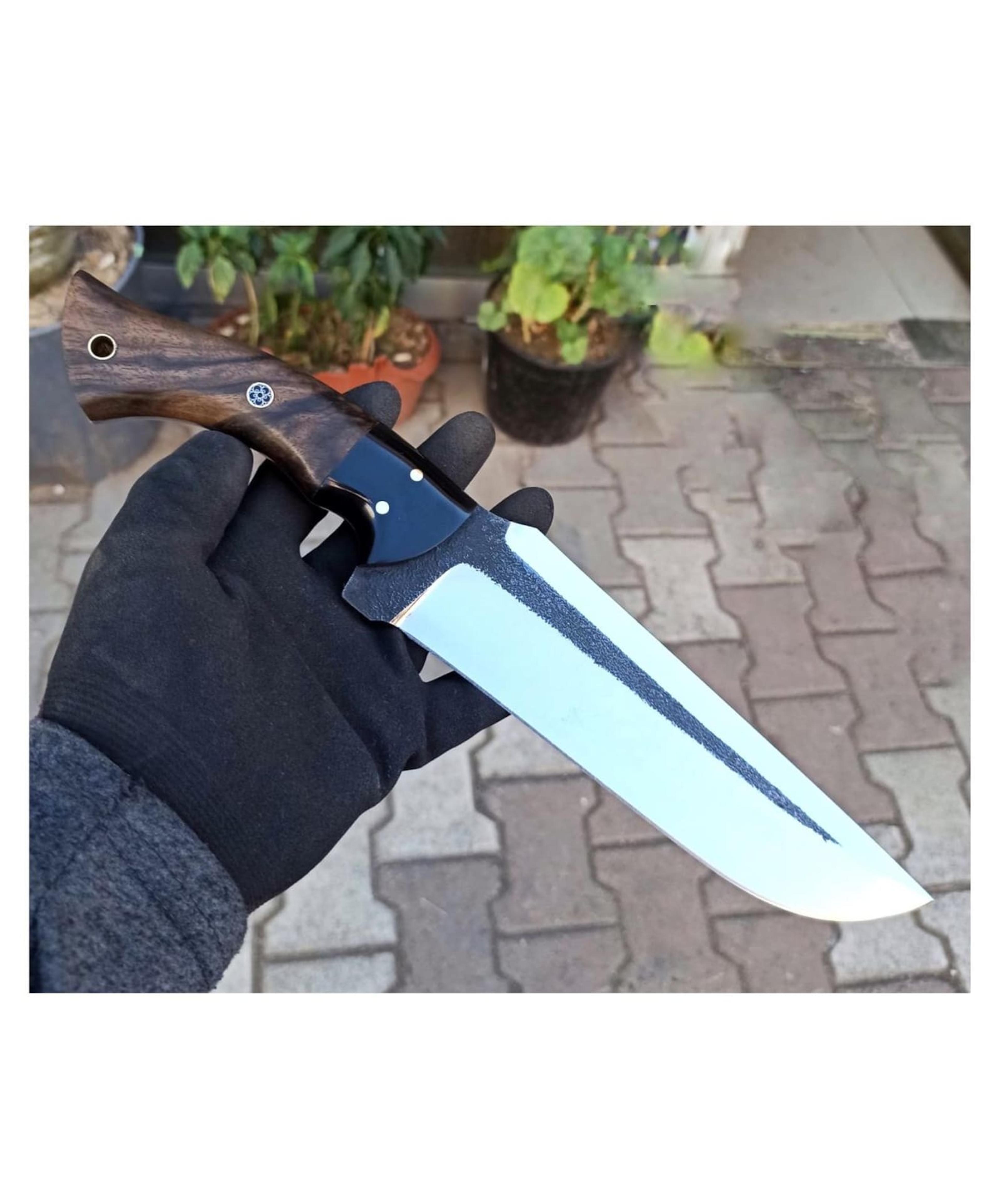 heavy duty hunting machete knife with walnut wood grip & leather sheath