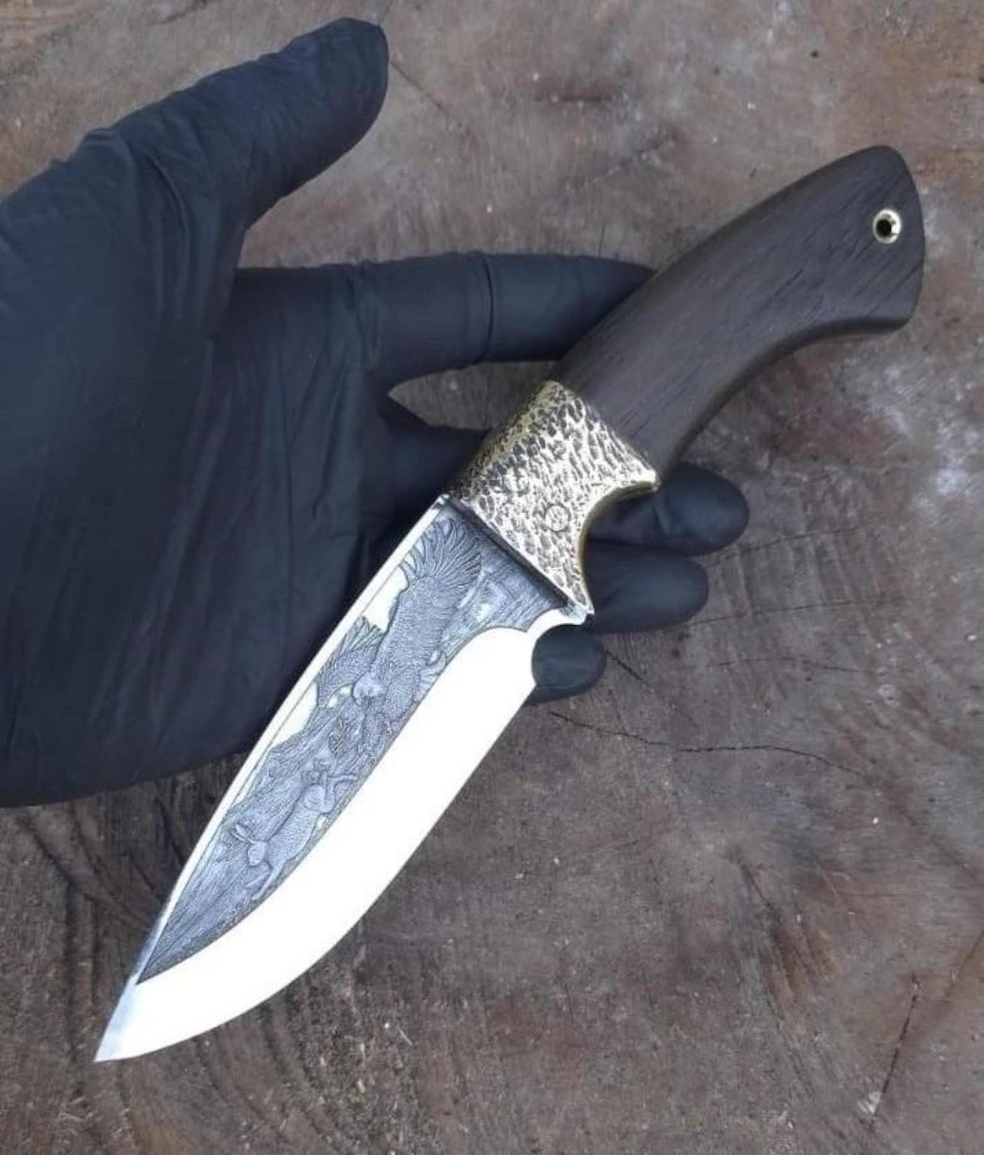outdoor survival knife with ebony wood grip & eagle engraved steel blade