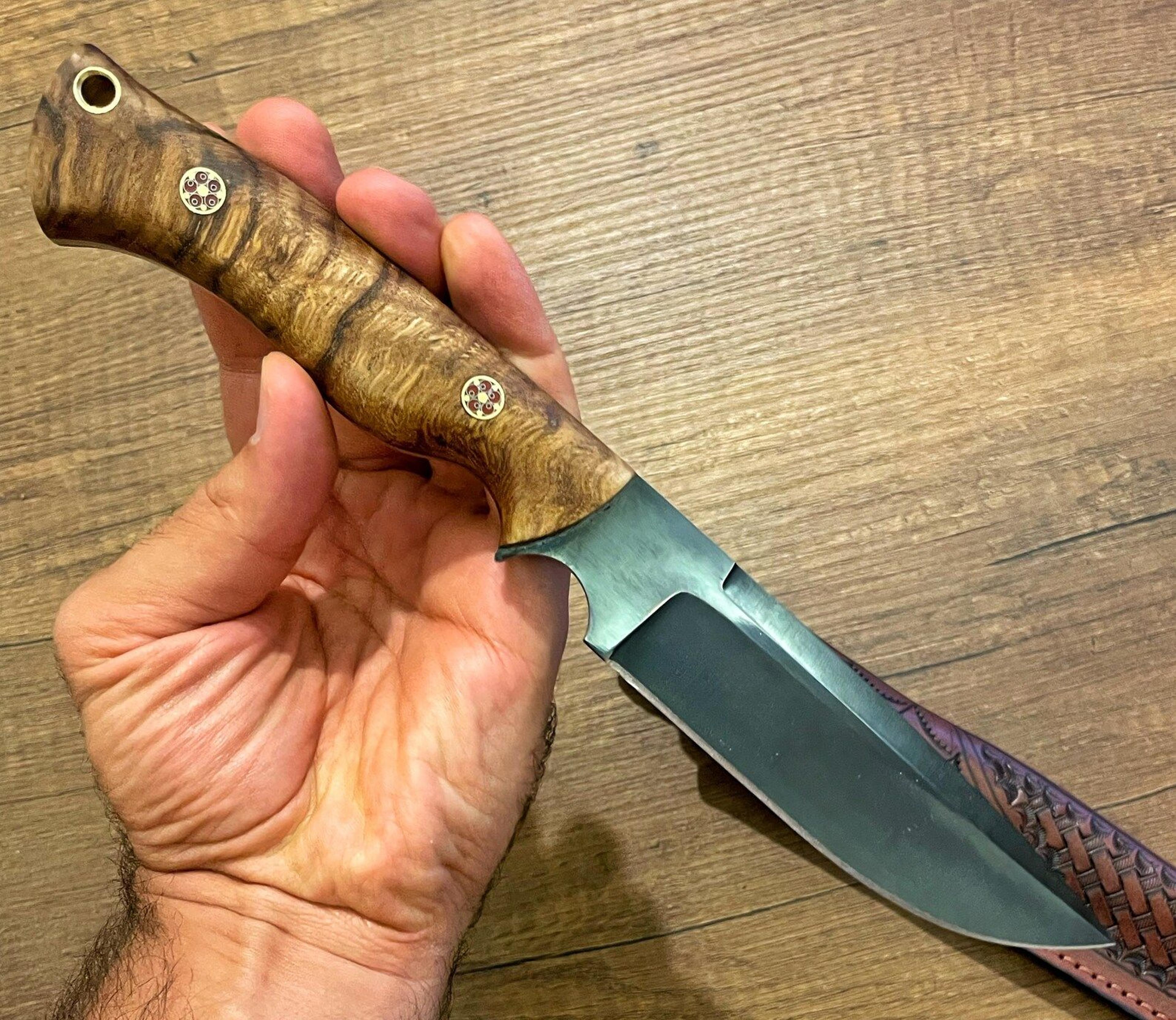 premium full tang camping knife with darkened 1075 steel blade & chestnut grip