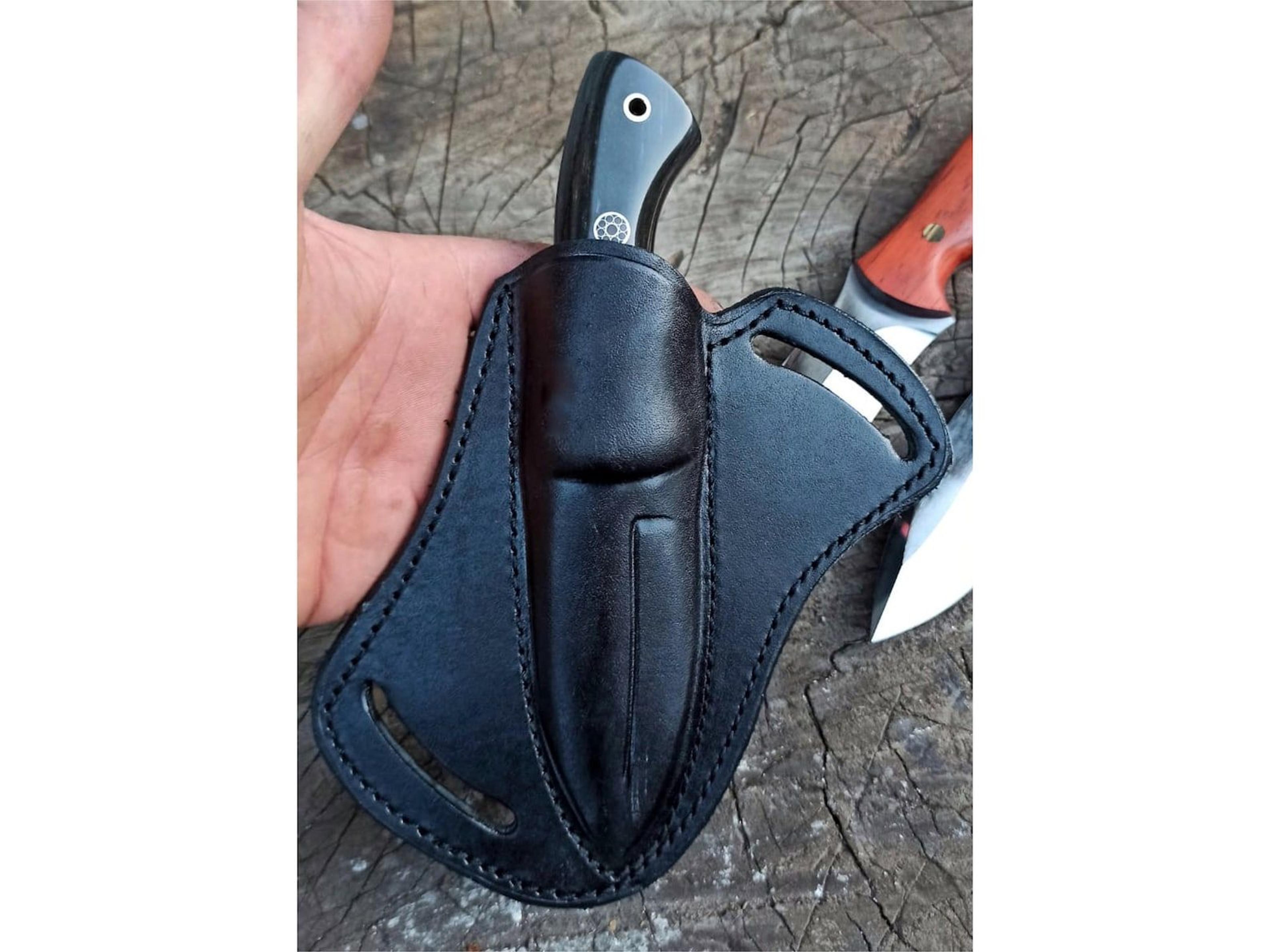 full tang hunting knife with black compact grip & leather sheath