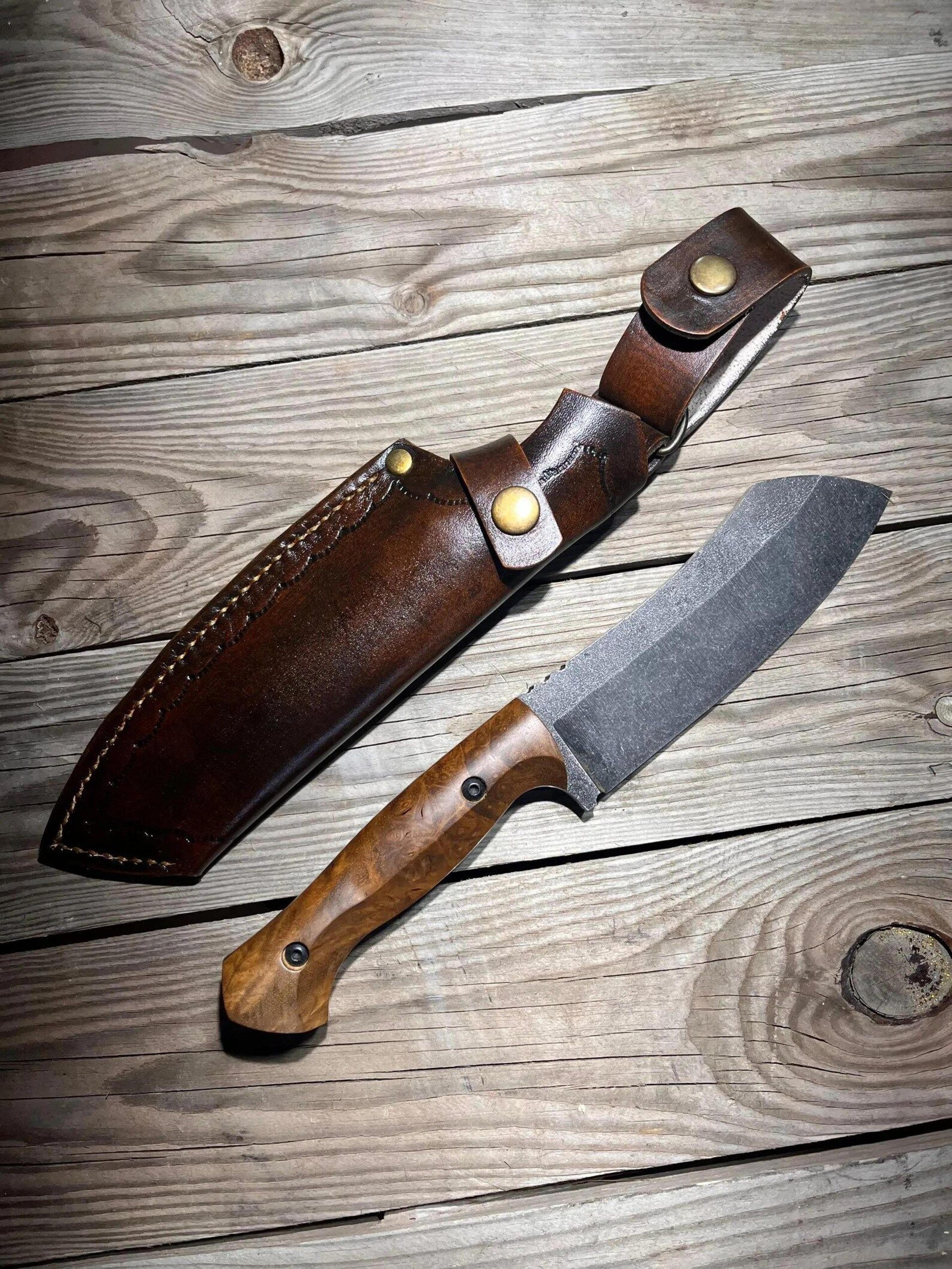 premium survival cleaver knife with walnut handle & stonewashed finish