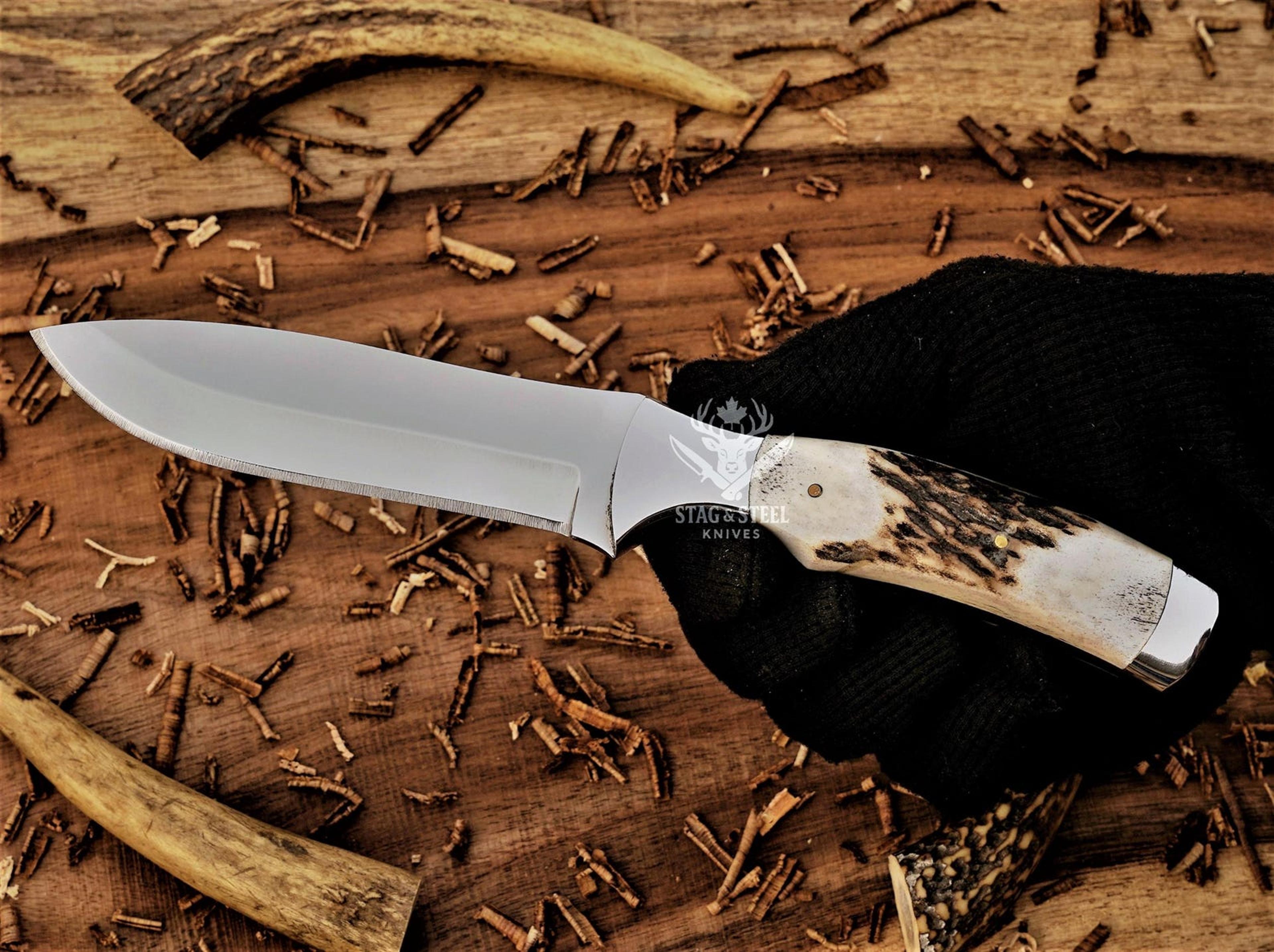 handmade d2 steel survival knife with natural antler handle