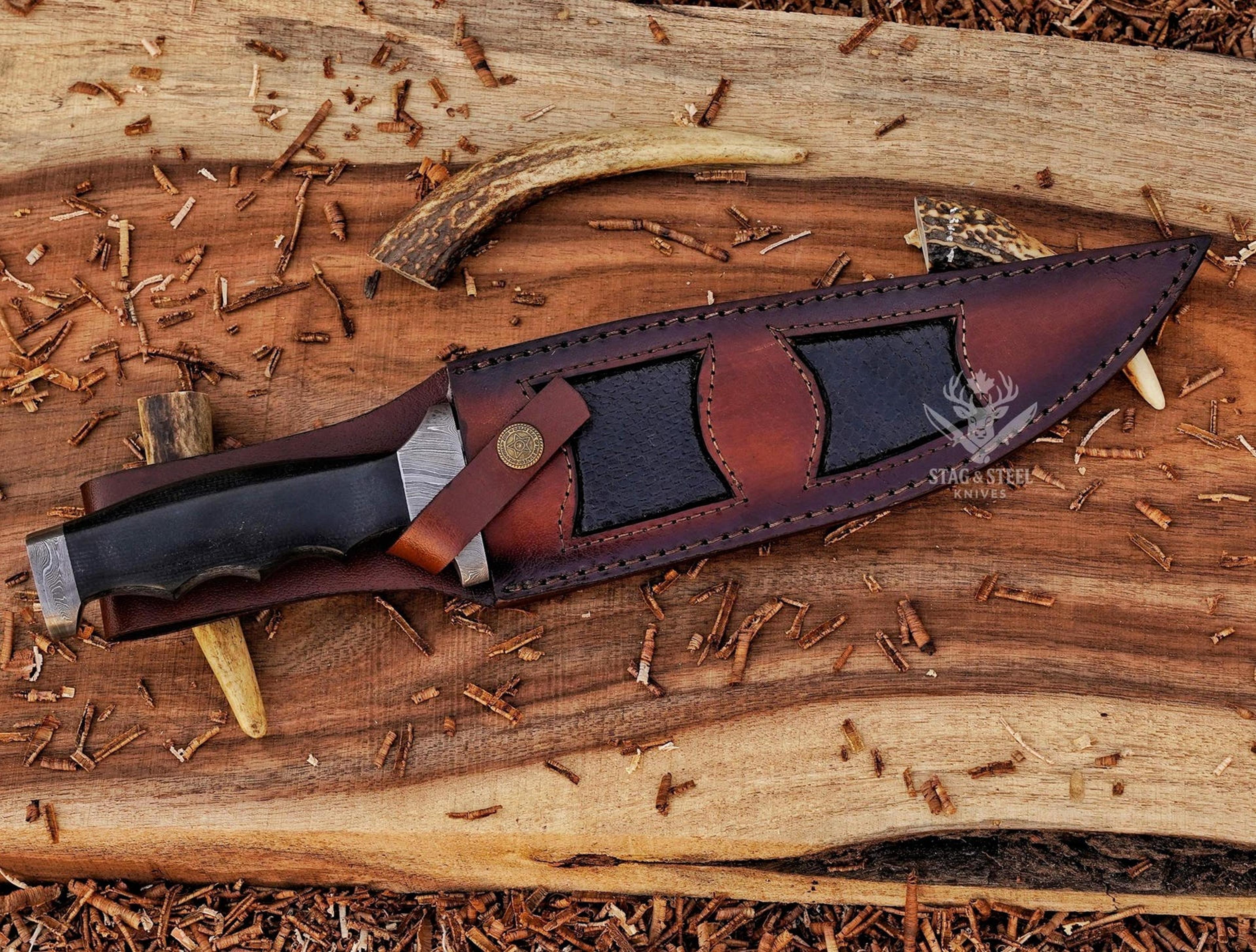 full tang damascus bowie knife with leather sheath gift knife