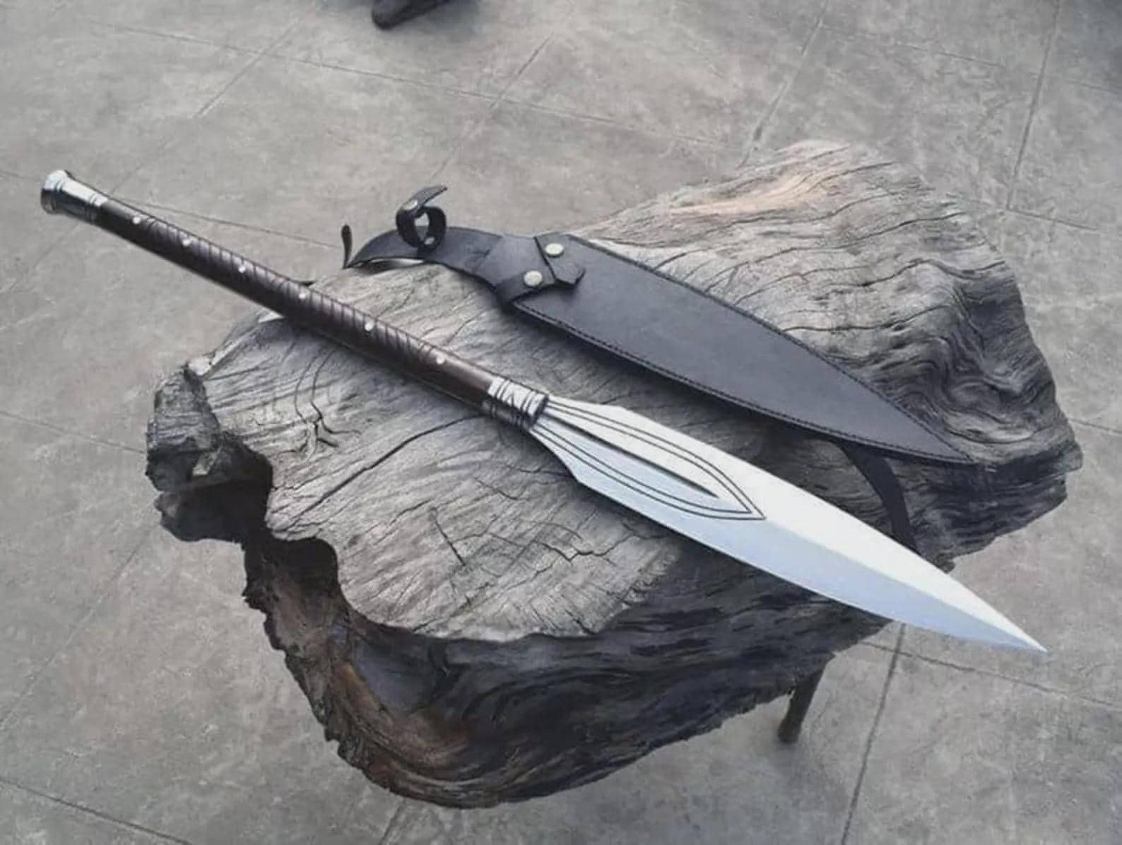 hand forged high carbon steel spear 32" with rosewood handle & leather sheath