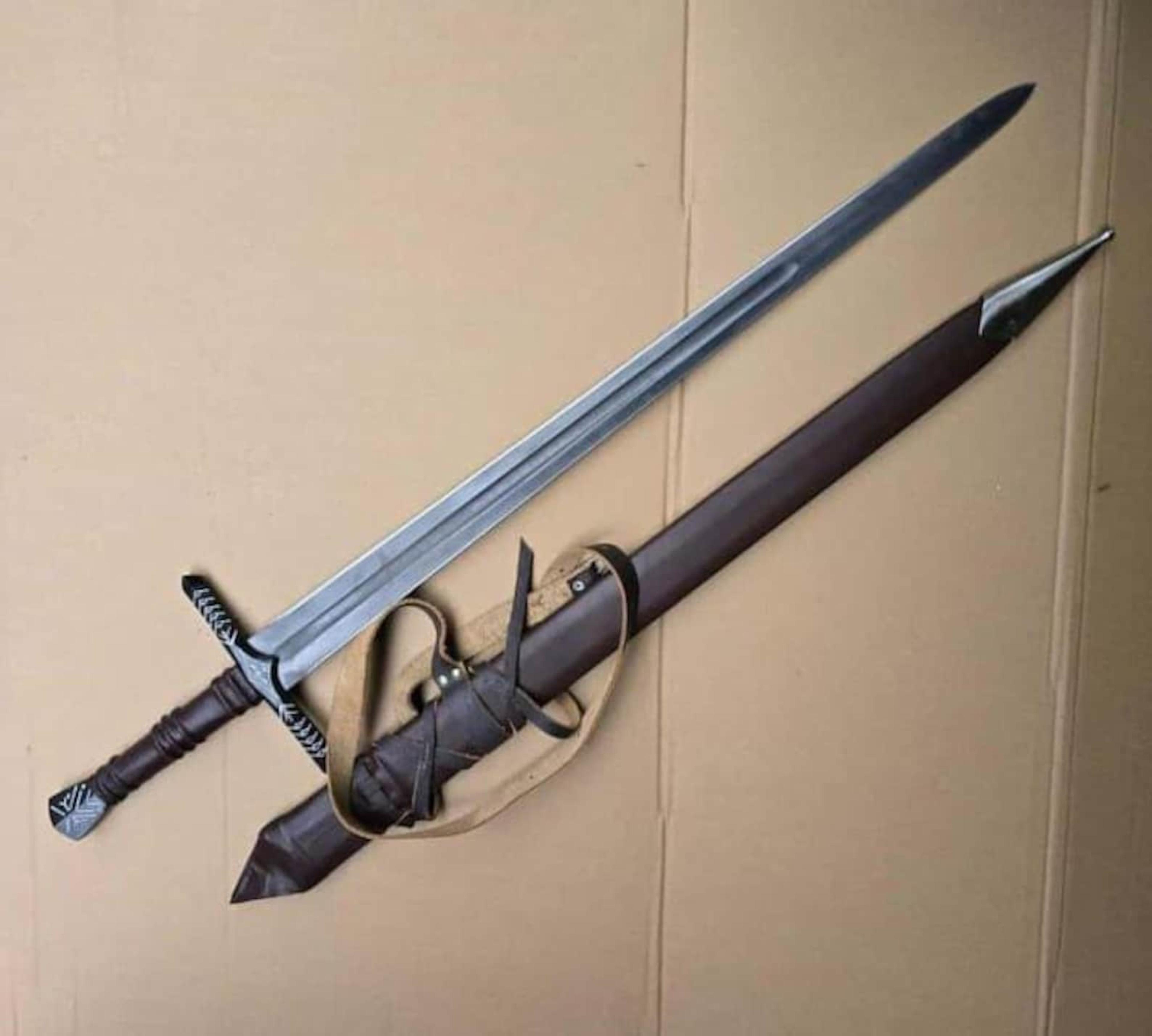handcrafted high carbon steel sword with rosewood leather grip display blade