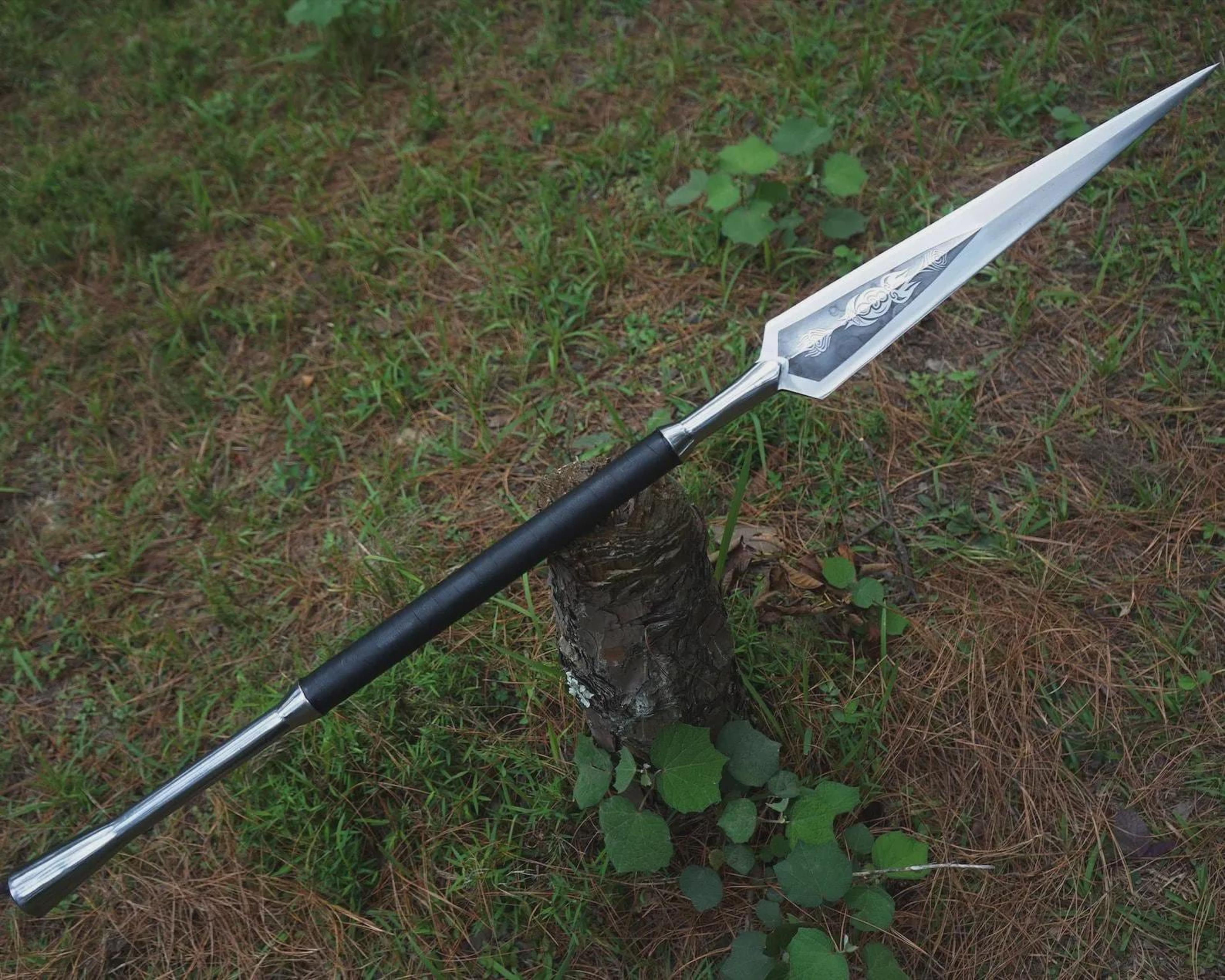 35 inch handcrafted viking spear with high carbon steel blade & leather grip