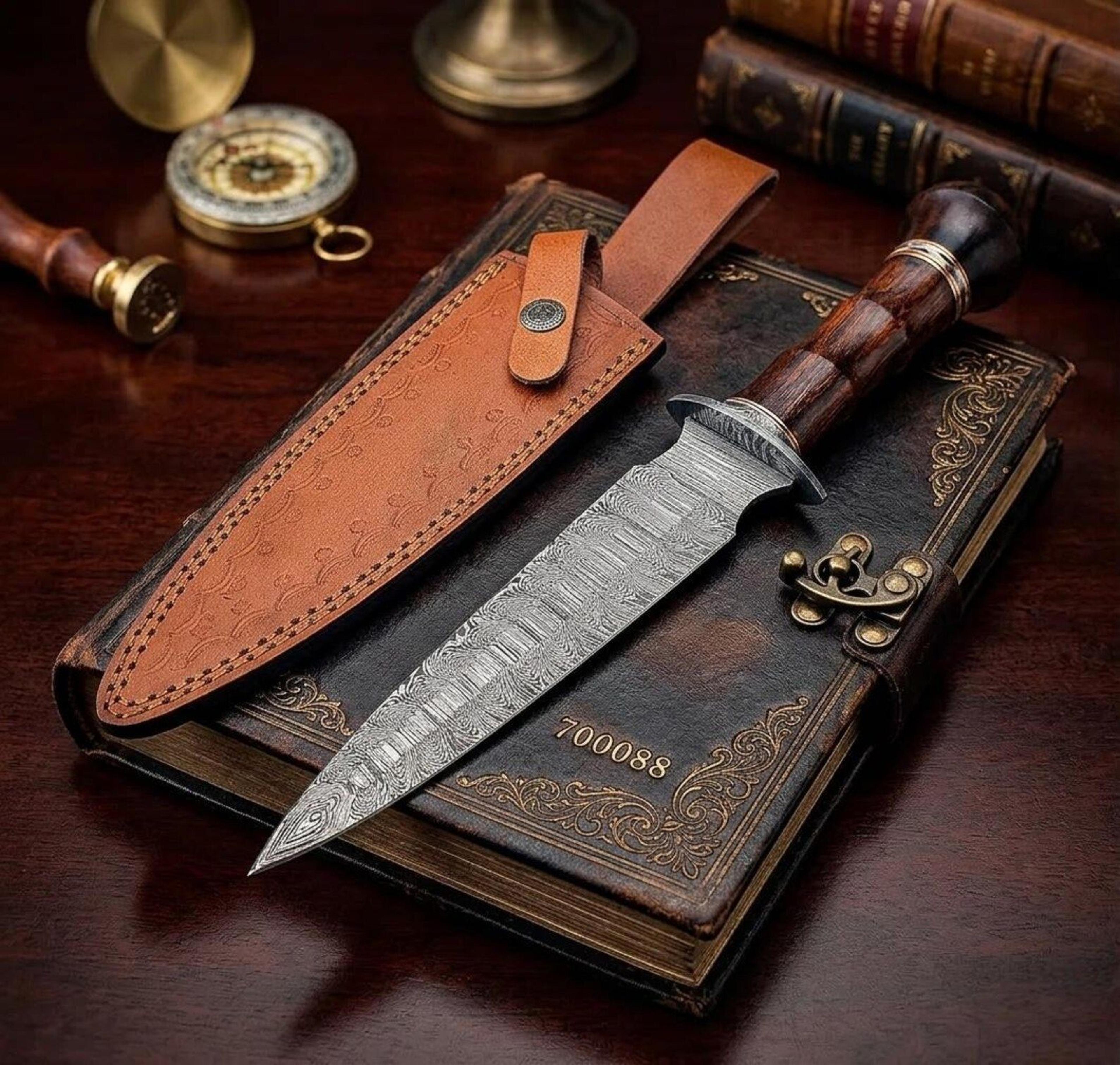 handmade damascus steel hunting knife wood handle leather sheath bushcraft camping gift