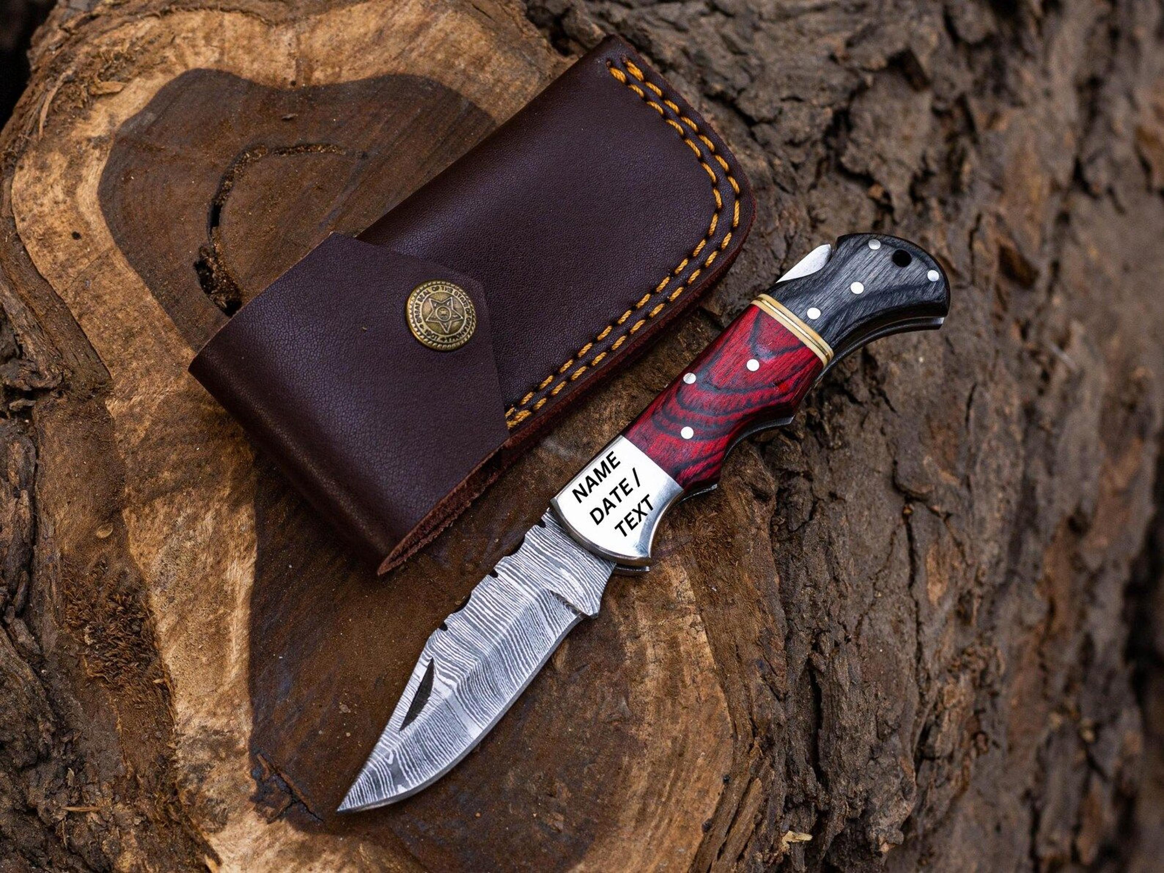 handmade damascus folding knife with rosewood handle & back lock mechanism