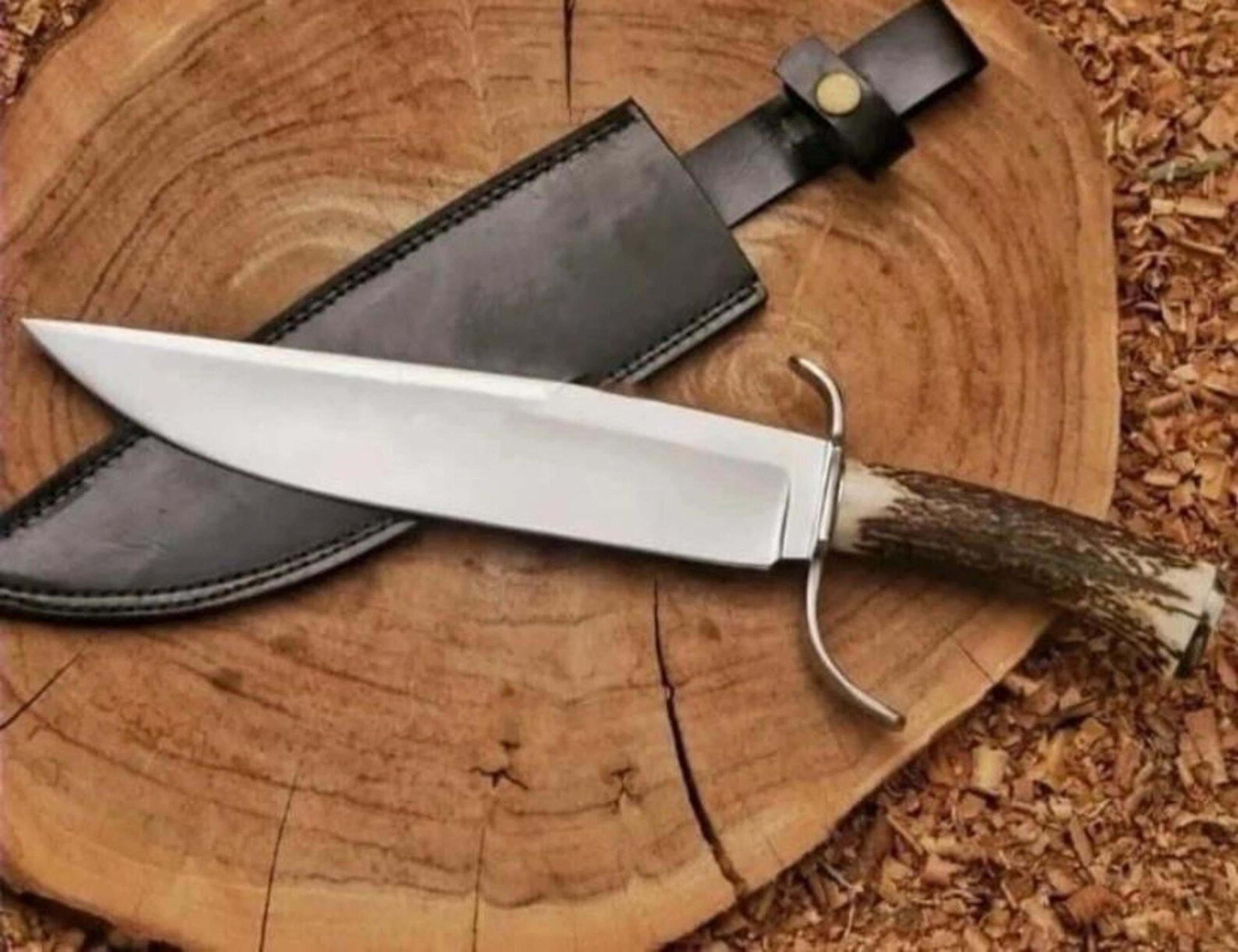 handcrafted bowie knife with stag antler handle & leather sheath