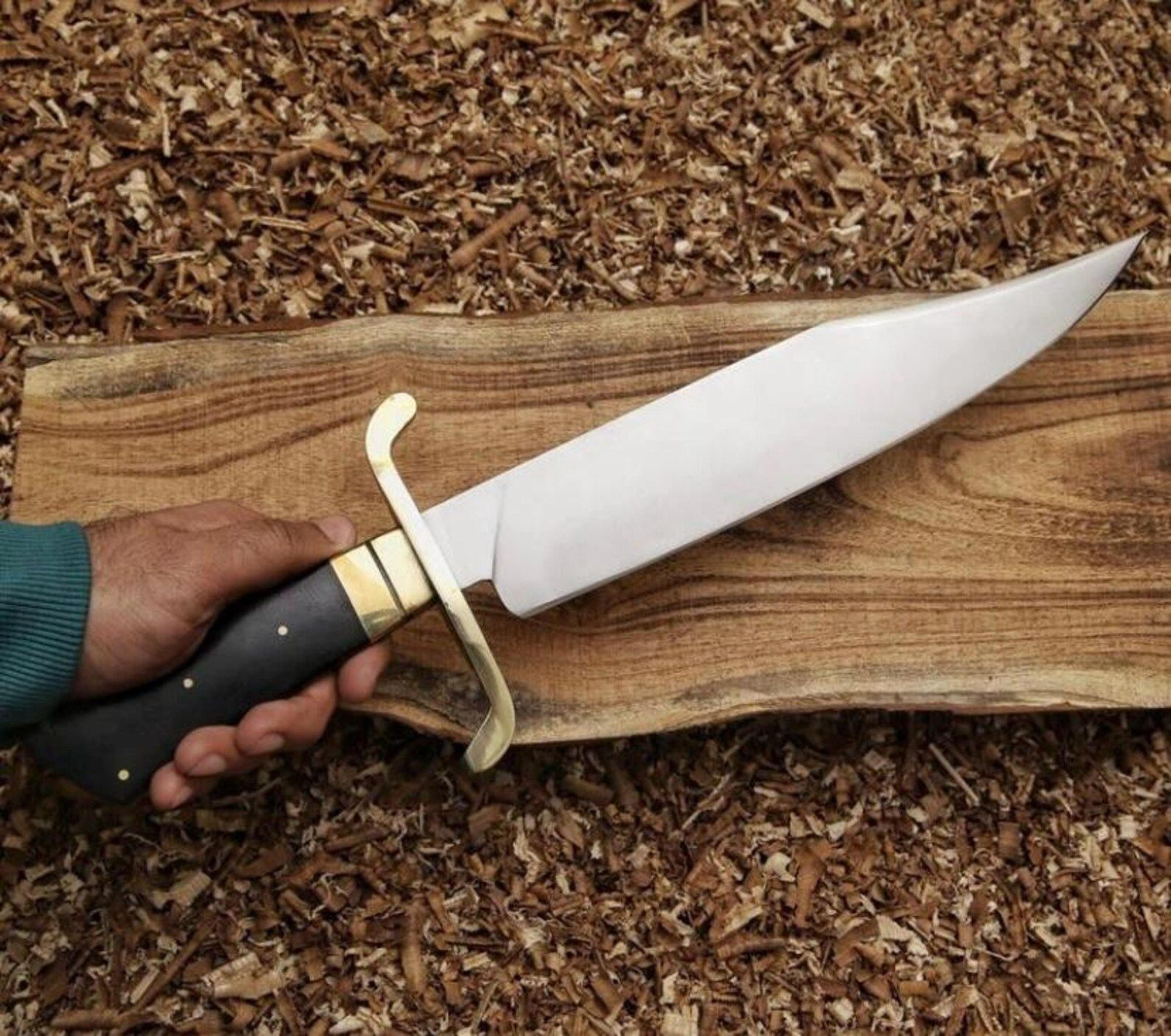 handmade bowie knife with leather sheath custom fixed blade hunting knife brass guard gift