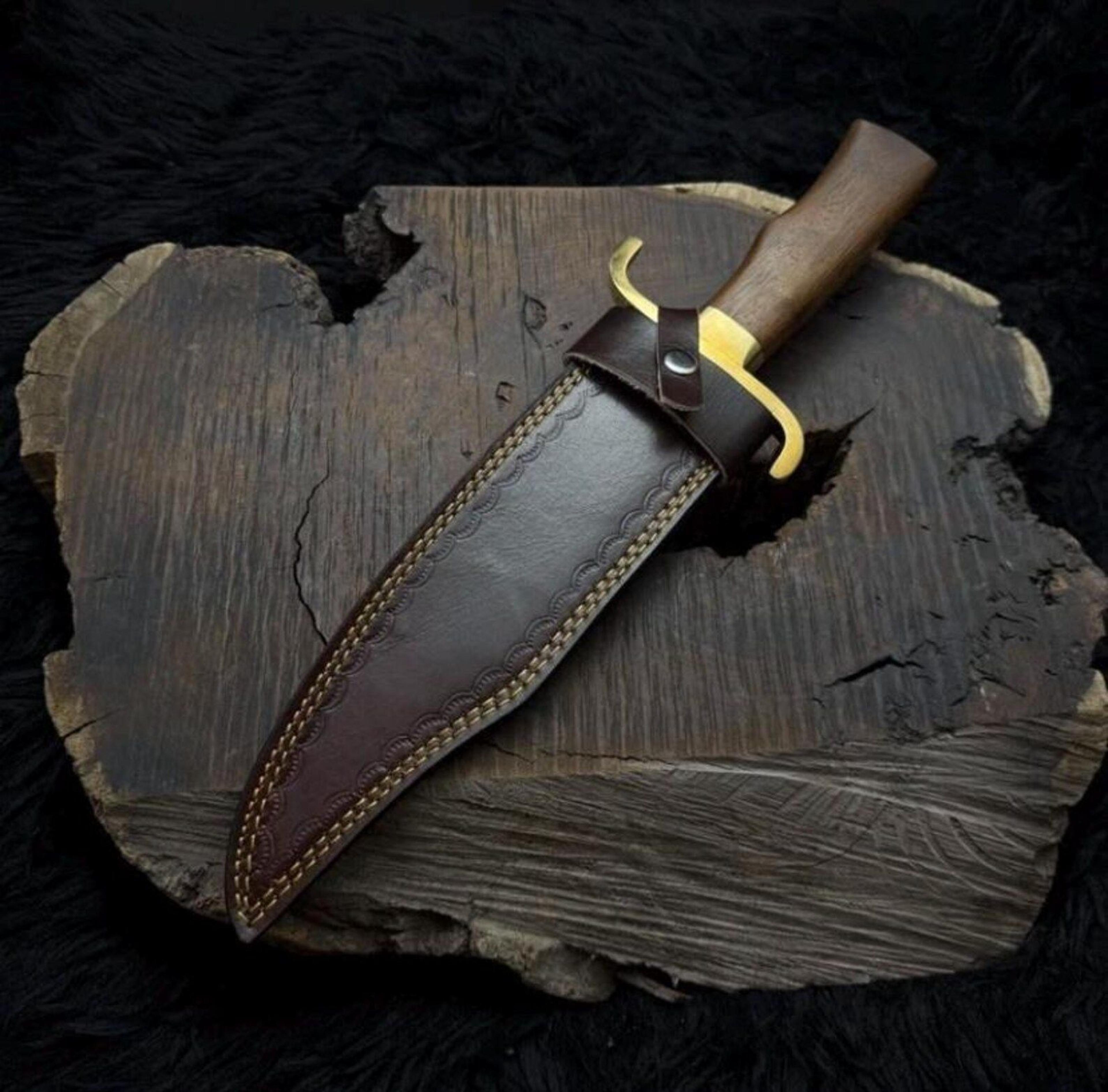 premium bushcraft knife wood handle fixed blade with leather sheath