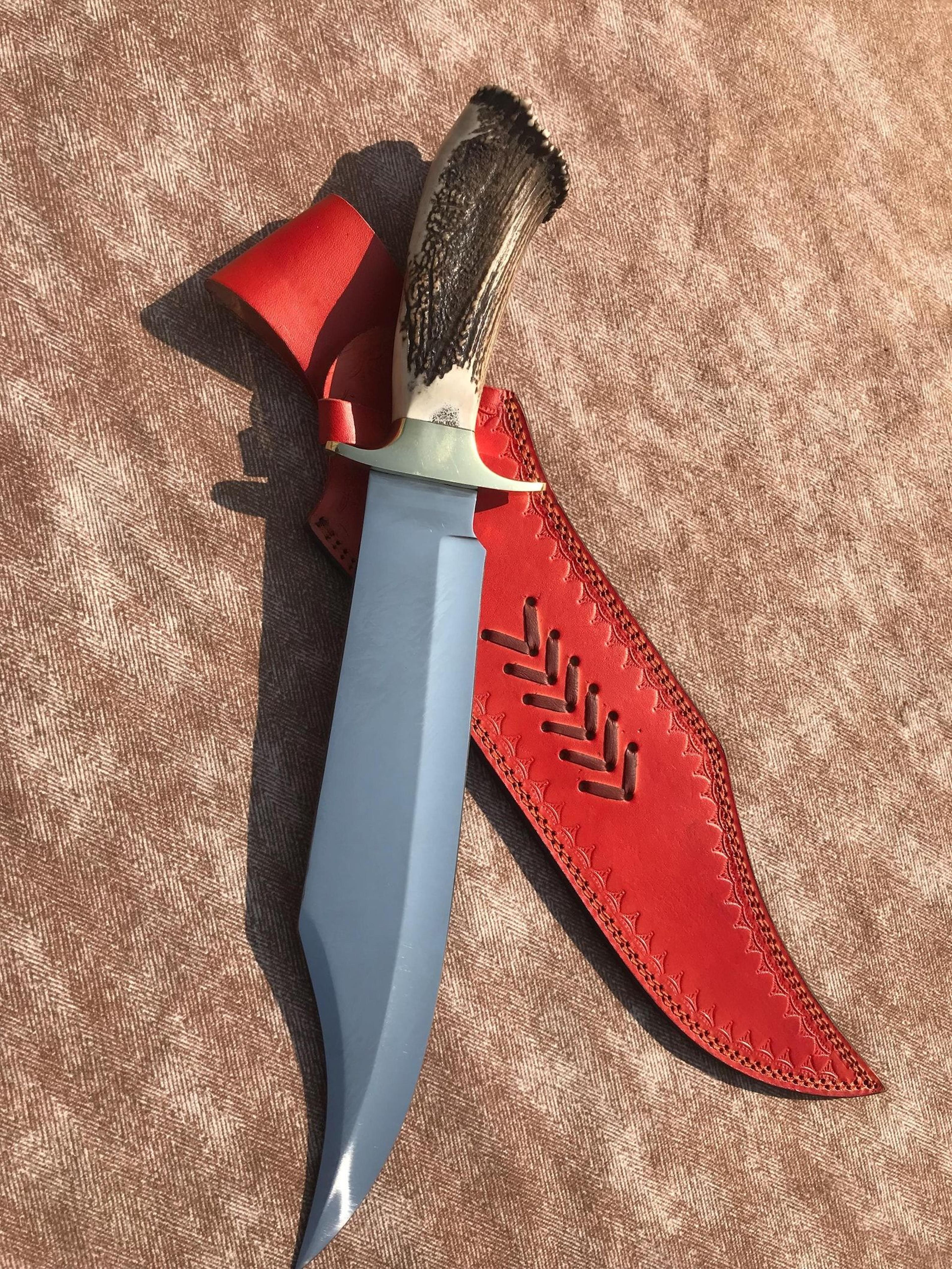 handcrafted d2 steel bowie knife with stag horn handle & outdoor appeal