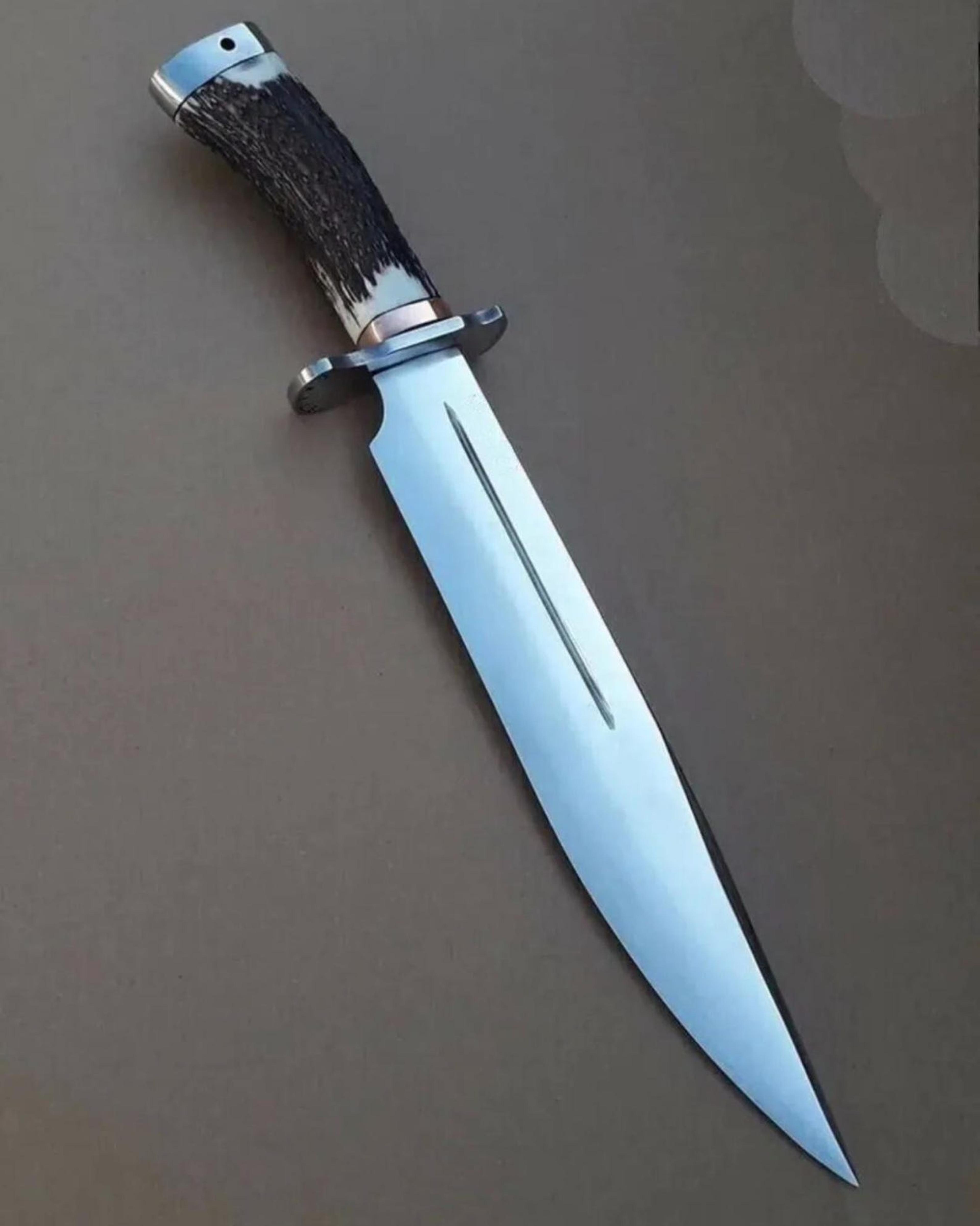 handcrafted d2 steel bowie hunting knife stag horn handle leather sheath