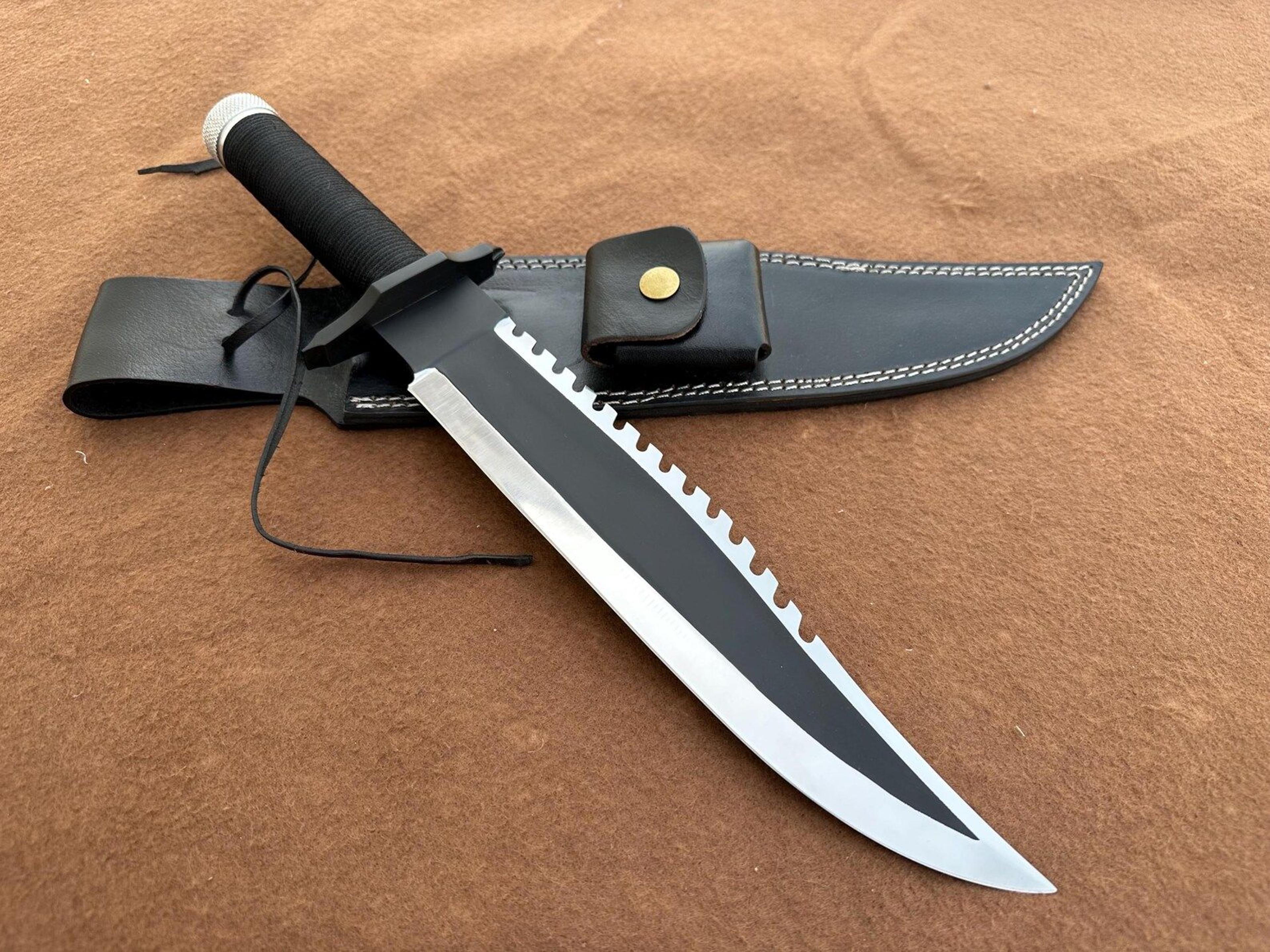 d2 steel outdoor knife with nylon cord grip and leather sheath