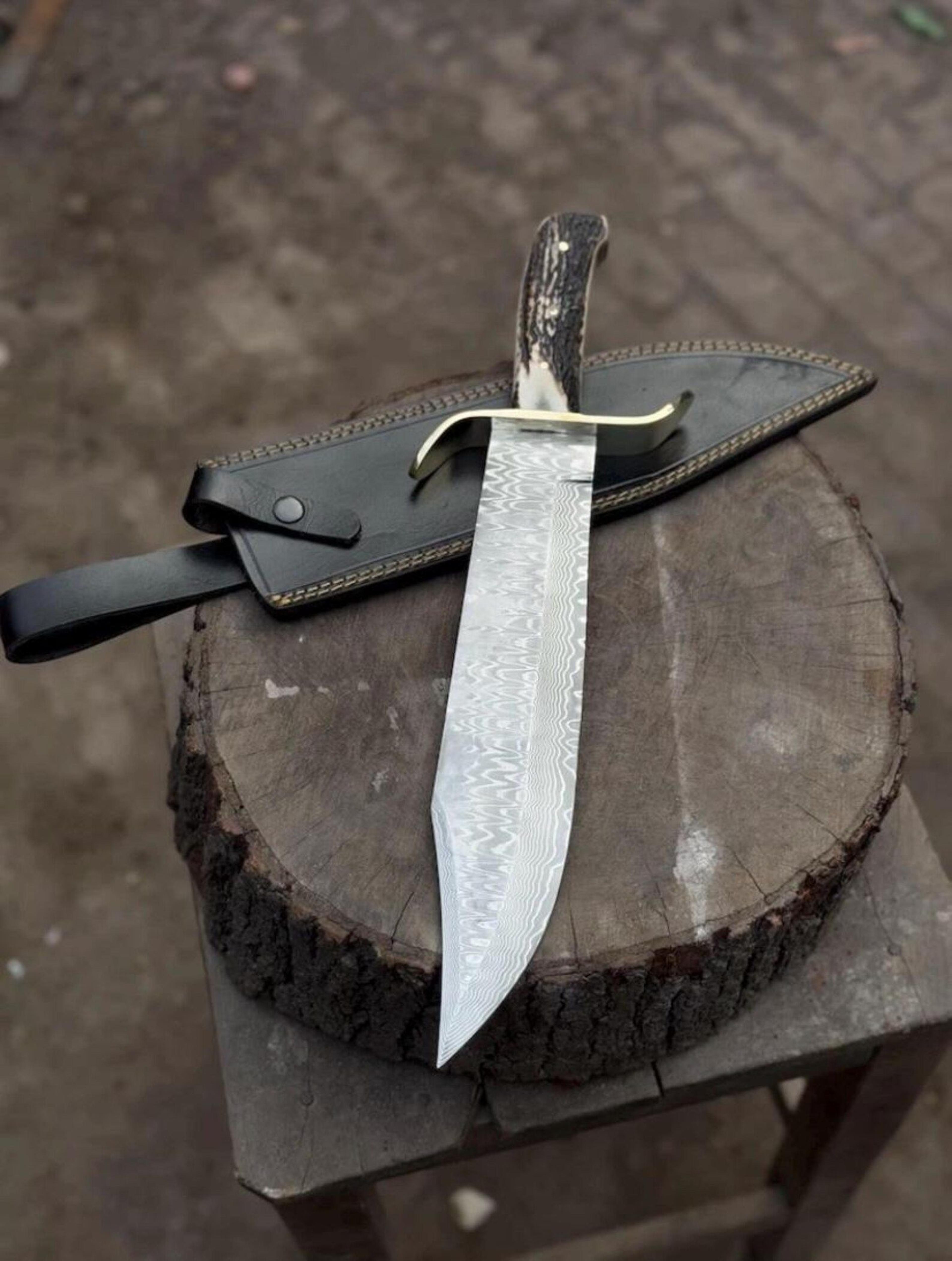 handcrafted damascus steel bowie hunting knife with stag horn handle
