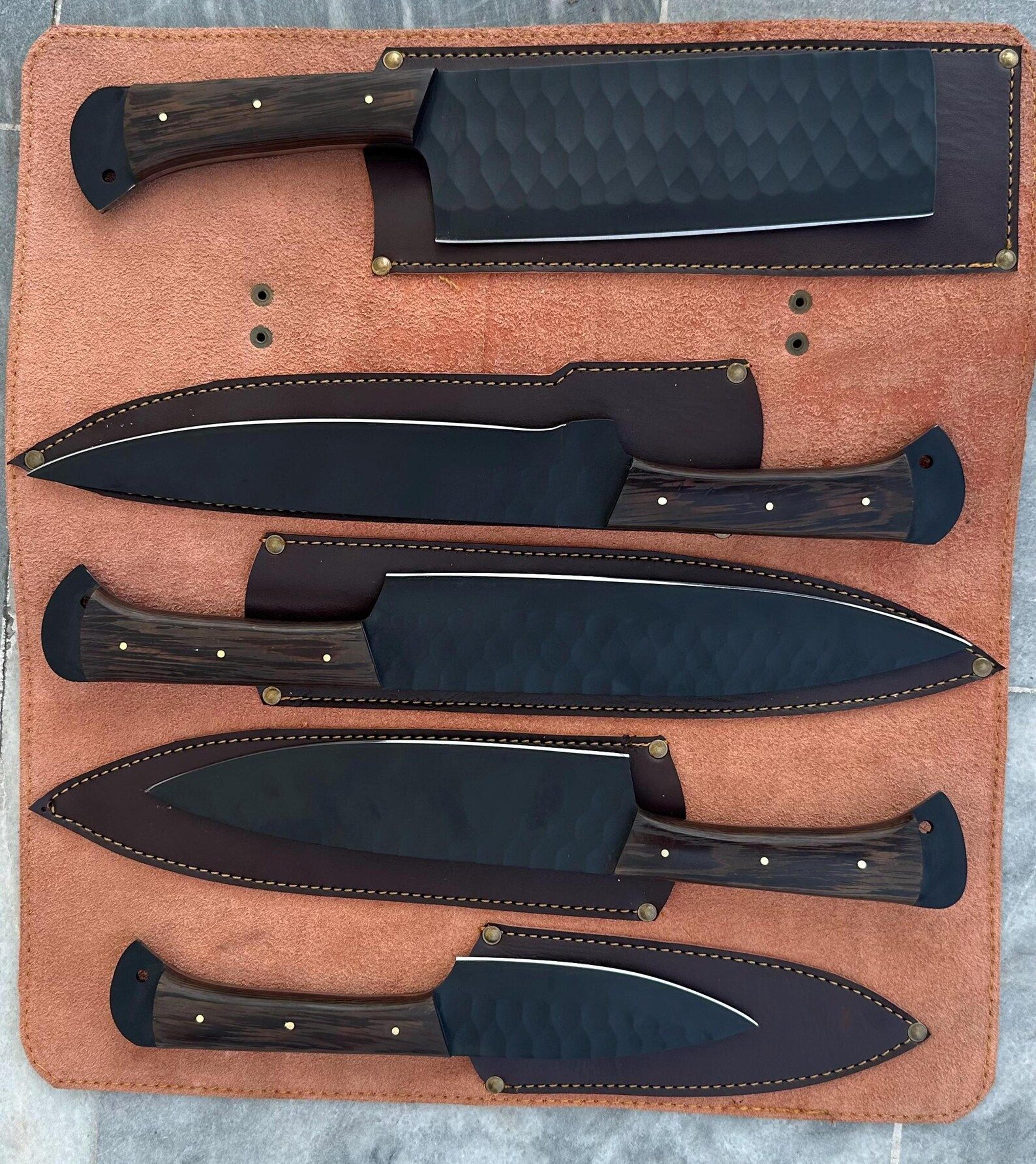 carbon steel fixed blade knife set with individual leather sheaths