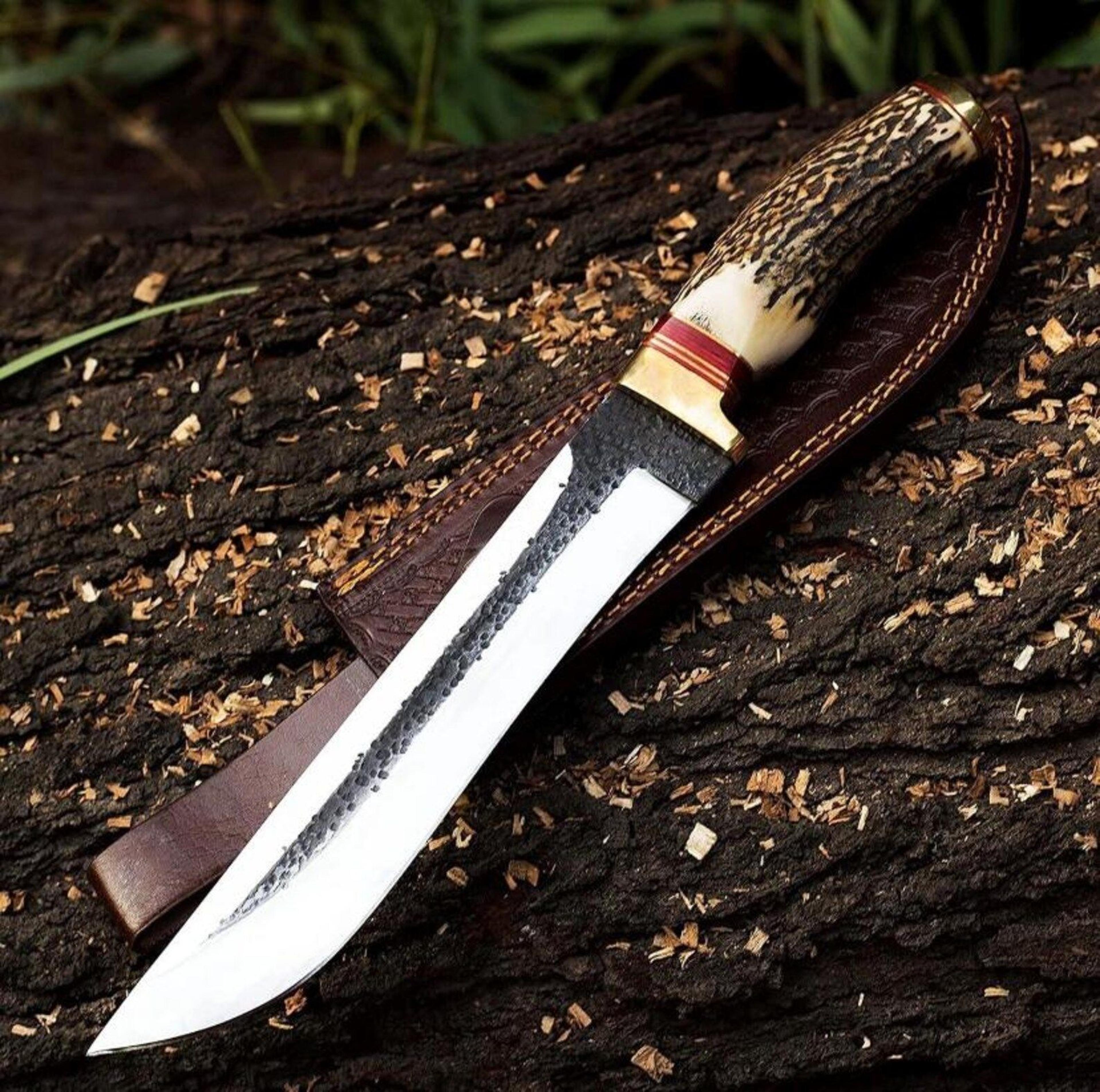 handcrafted forged steel hunting knife with antler handle & leather sheath