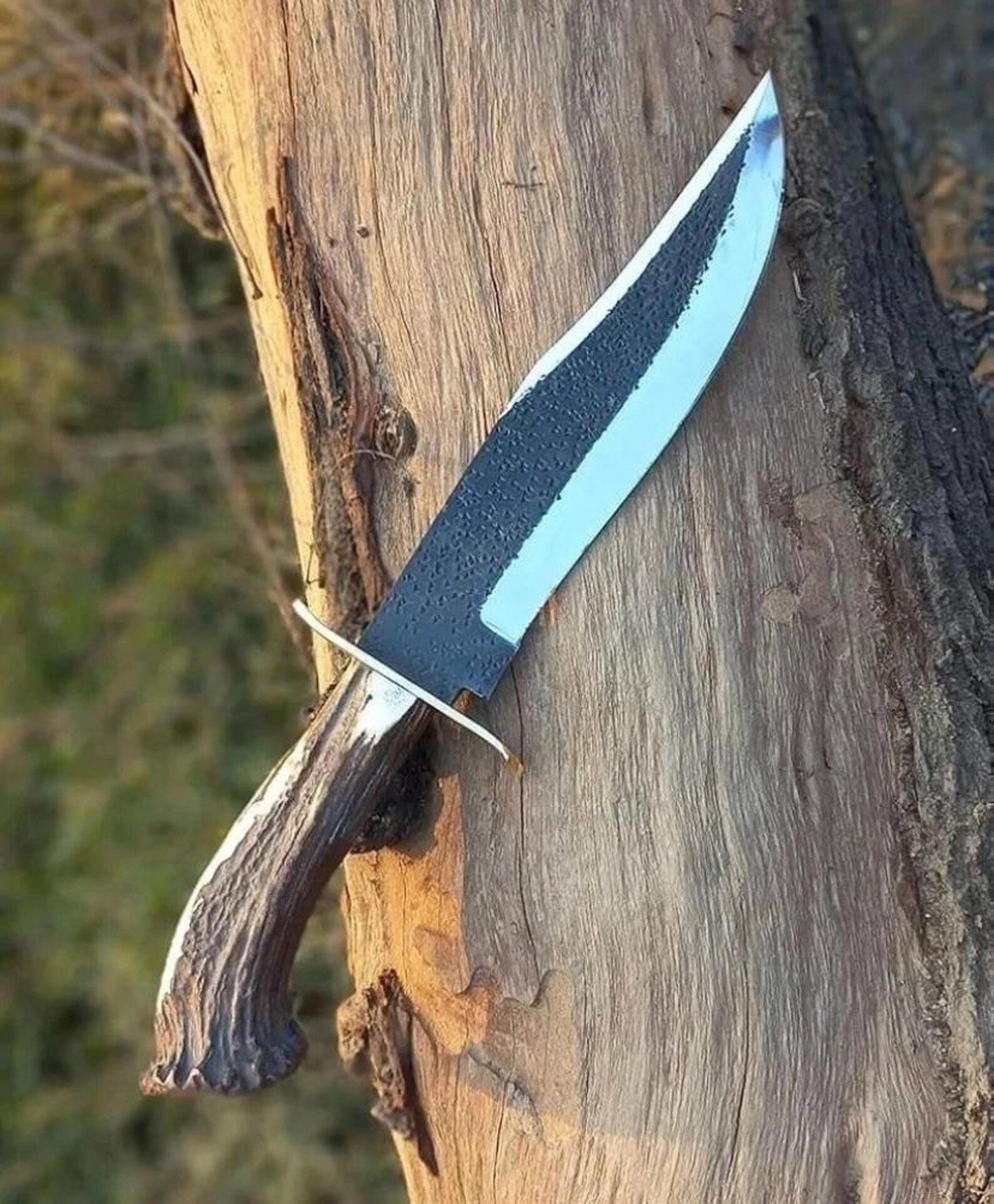 custom fixed blade hunting knife with antler handle & leather sheath