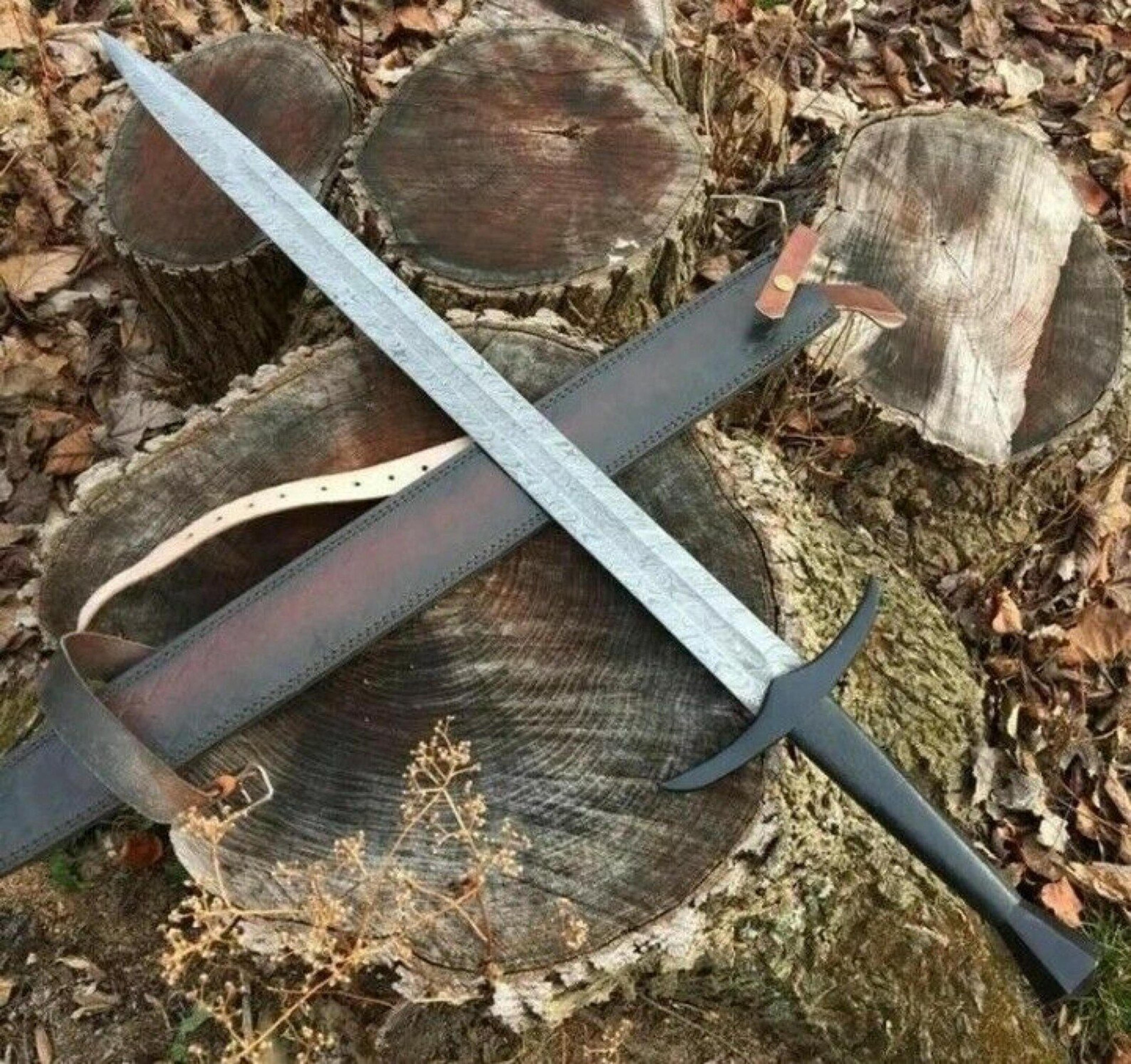 handcrafted damascus steel long sword decorative medieval style display piece | artisan crafted sword